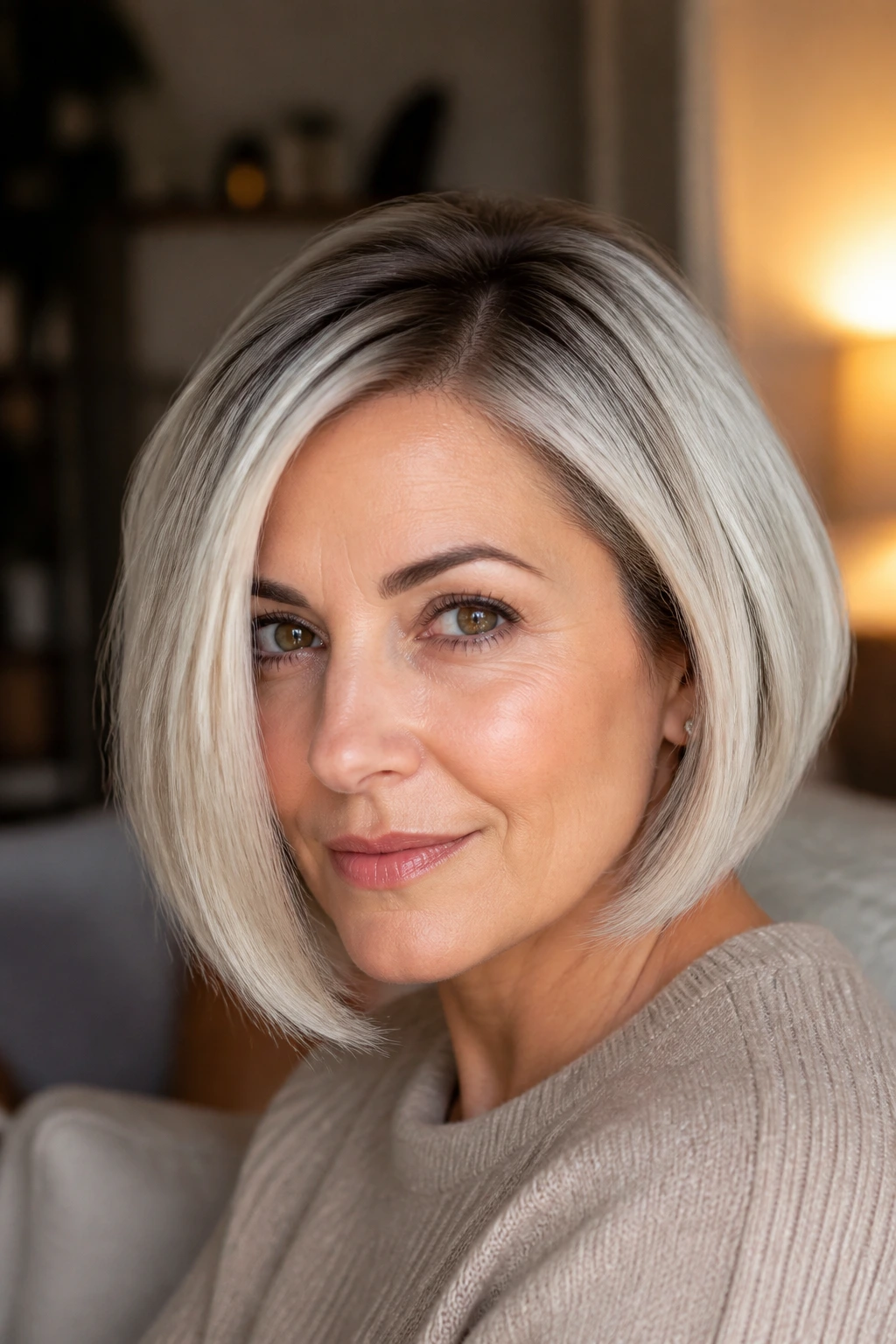 Real woman with root-melt platinum lob showing deeper roots blending into platinum