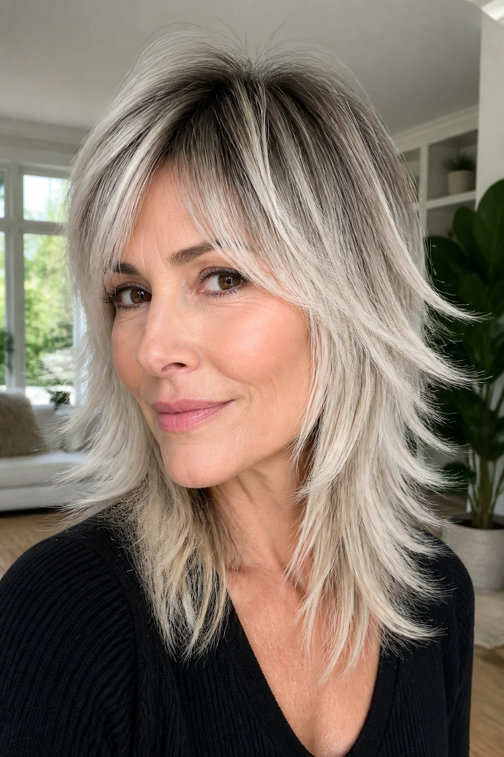 Portrait of a woman with a root-melt platinum wolf cut showing dark roots blending into platinum.