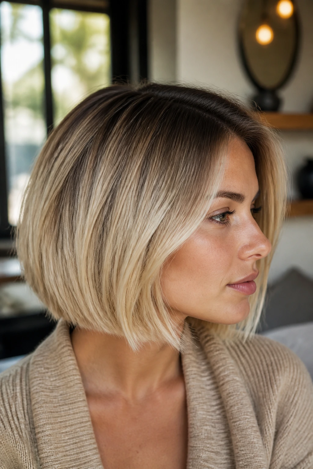 Close-up of a real woman with root-shadow blonde bob
