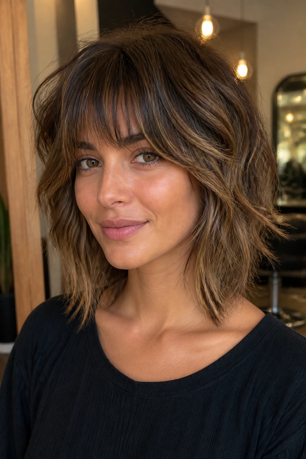 Brunette with root shadow and caramel highlights on shag indoors