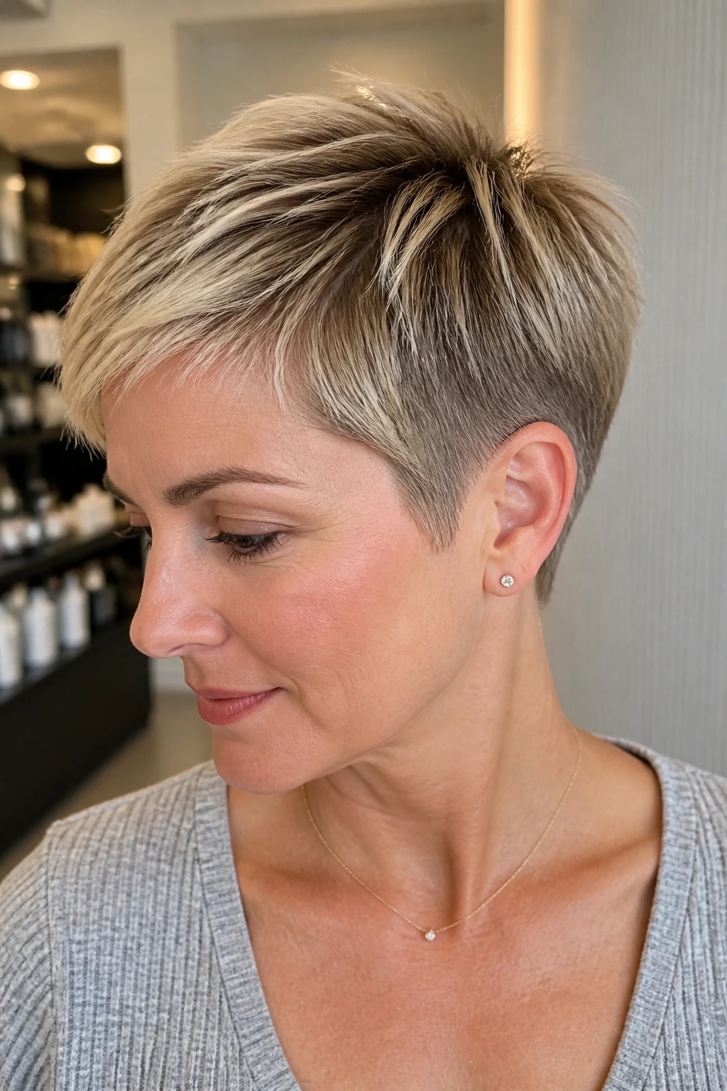 Portrait of a real woman with a root-smoked champagne crop showing soft root melt