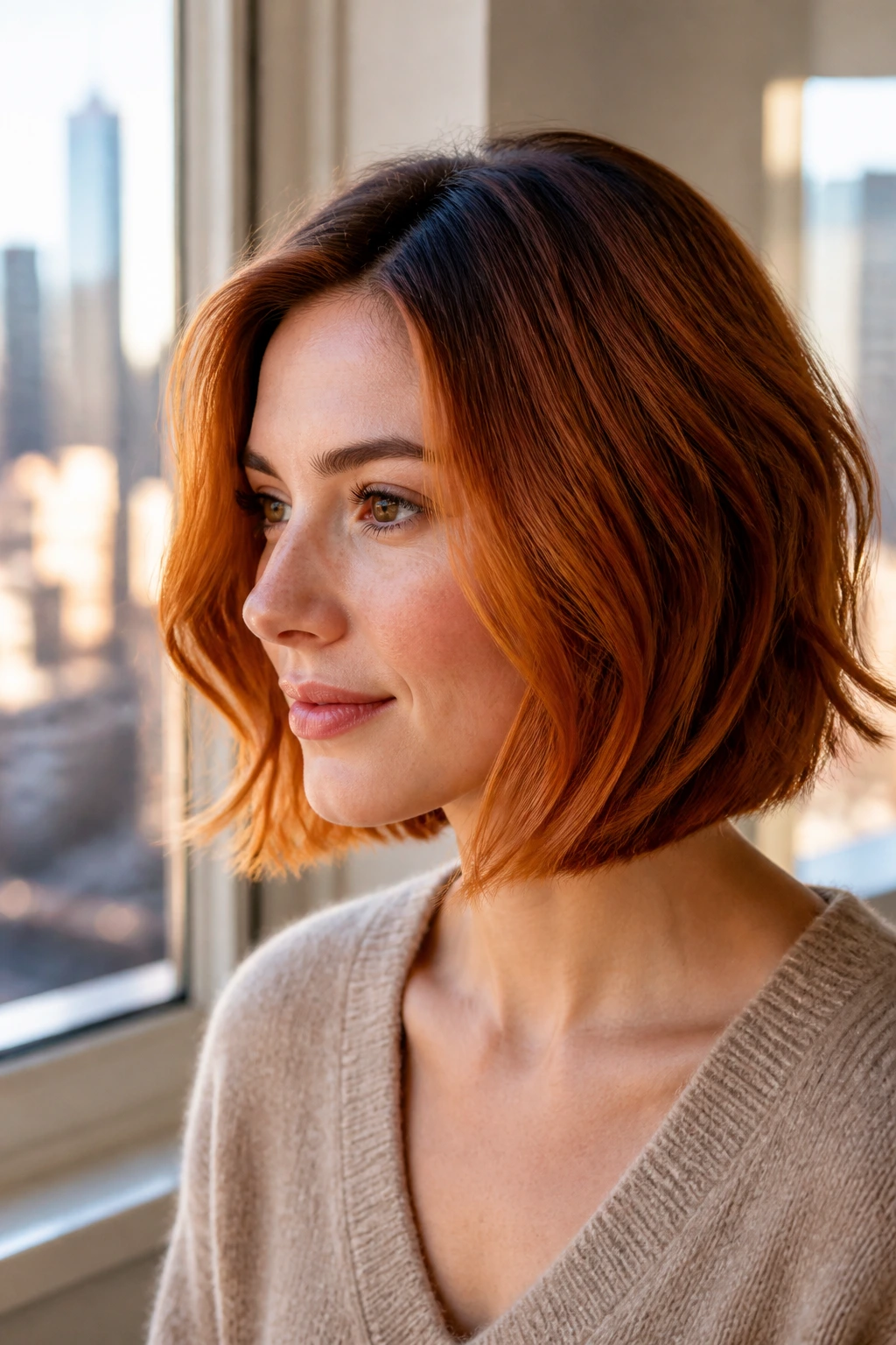 Close-up portrait of a real woman with a root-shadow copper bob showing deeper roots and warm mid-lengths