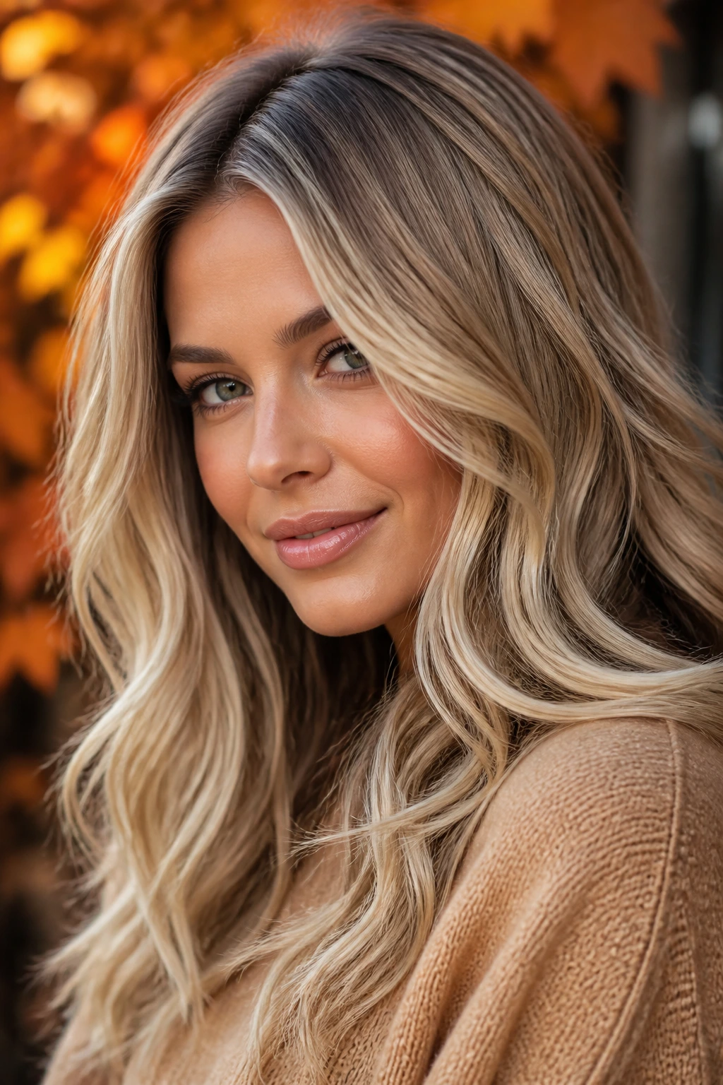 Close-up of blonde hair with root shadow and warm gloss, showing subtle curl