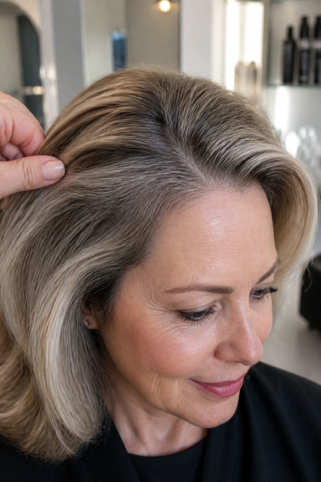 Close-up of a real woman's hair showing subtle root shadow for growth-out maintenance