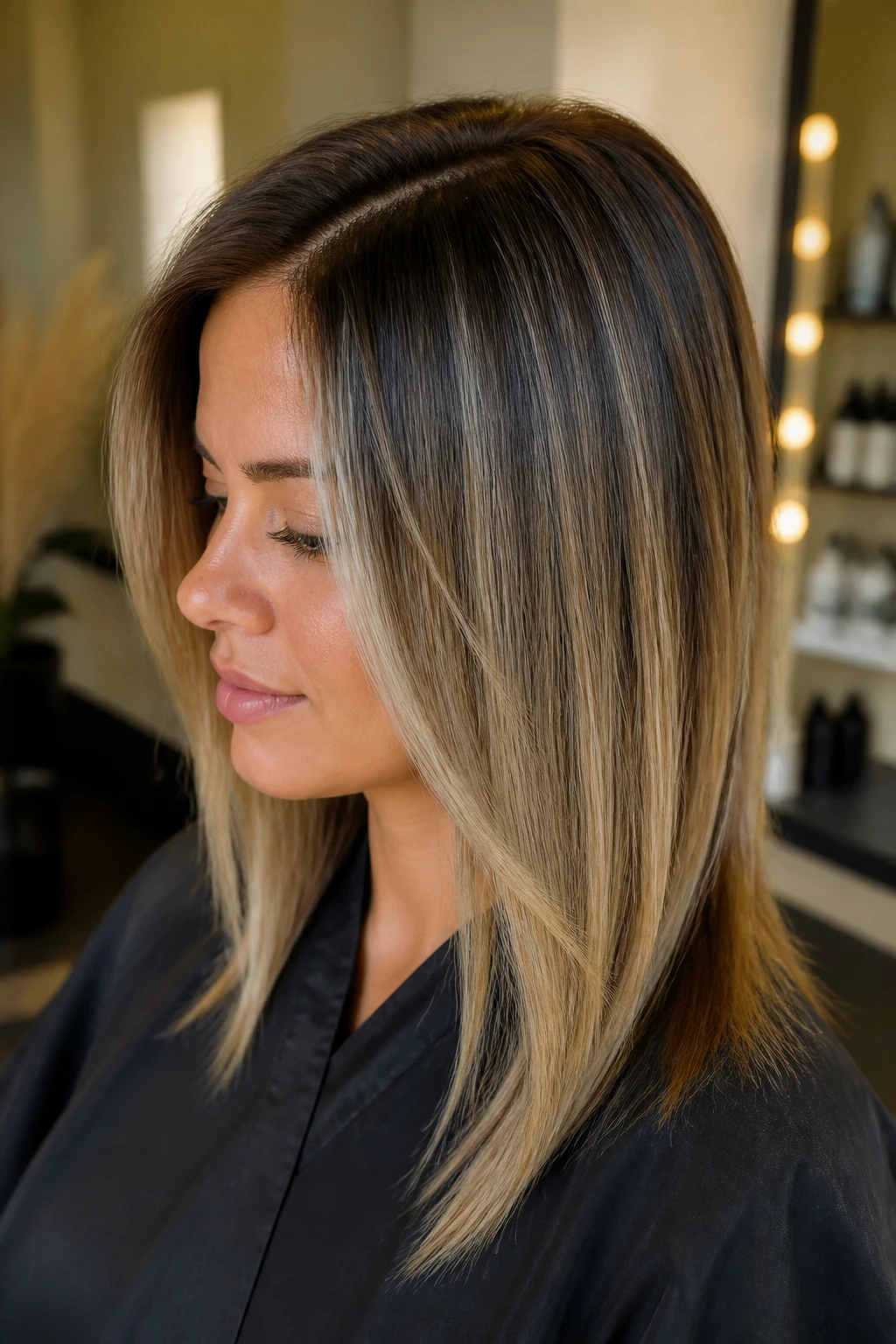 Close-up of a real woman with root shadow and softer mid-lengths on straight hair