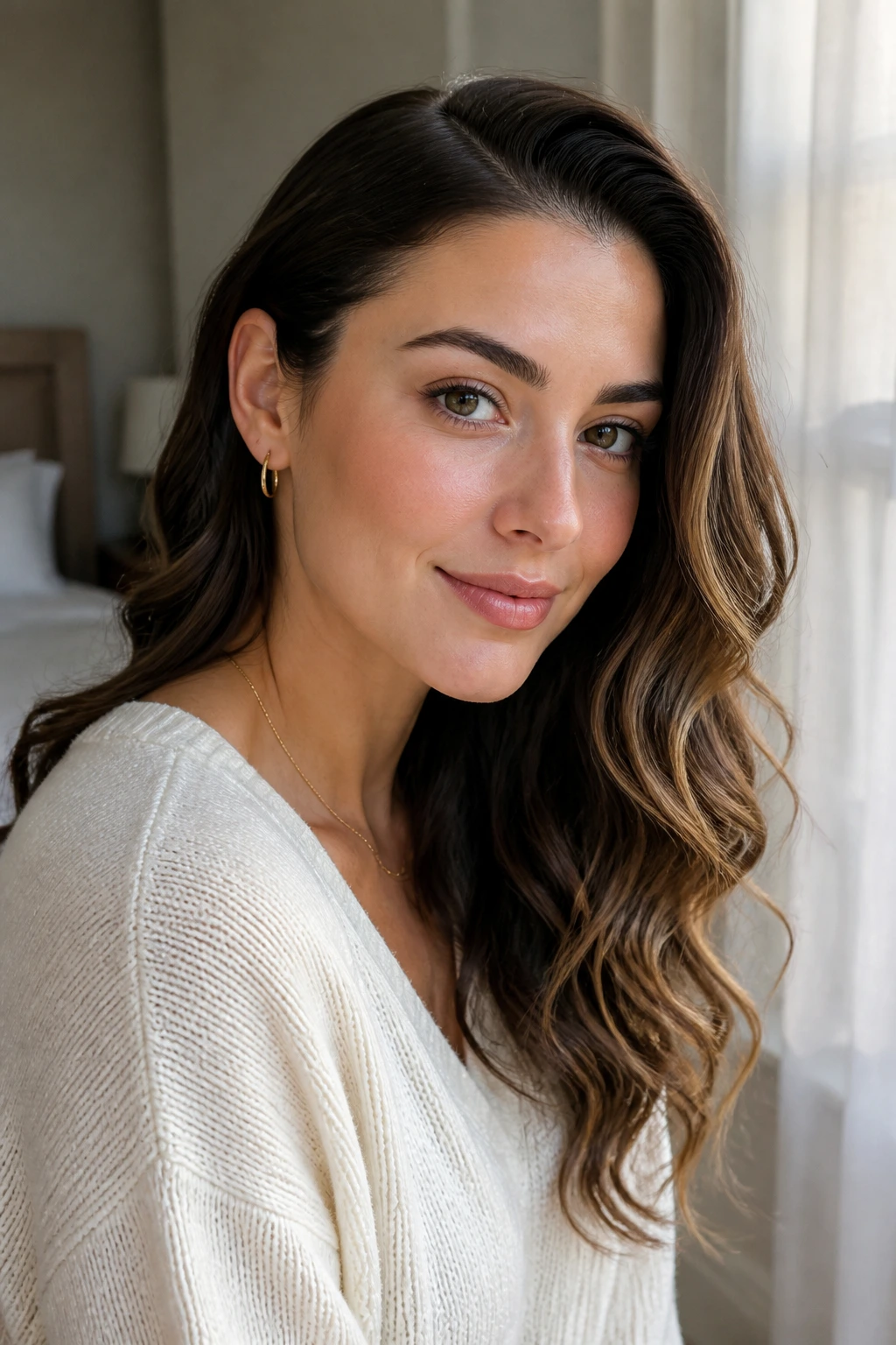 Close-up of a real woman with sleek roots and wavy ends in a softly lit bedroom