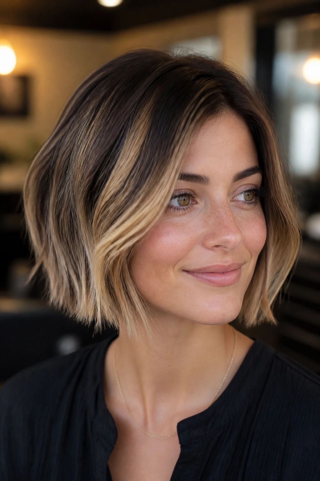 Close-up of short hair with root smudge and face framing ribbons on a real person