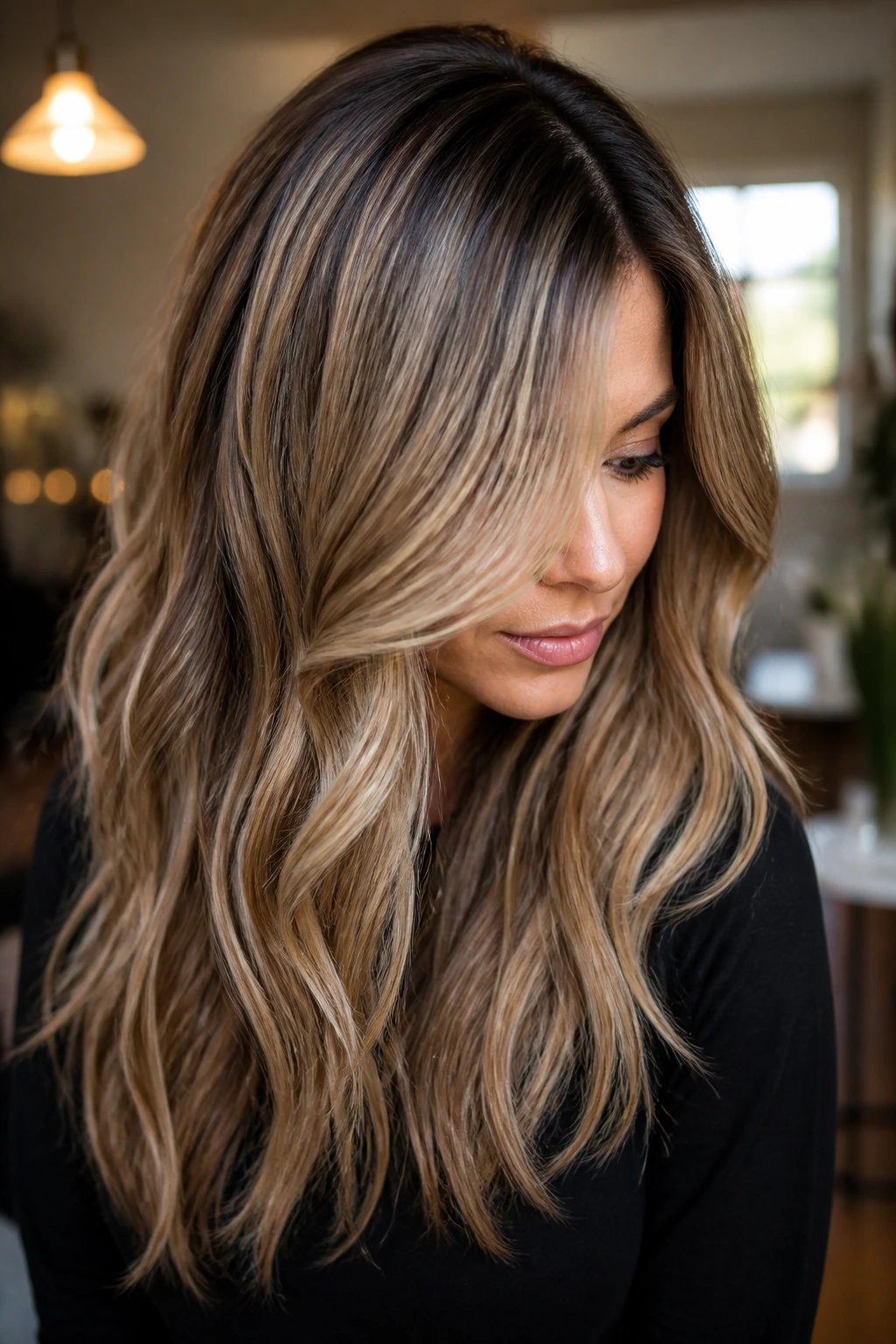Portrait of hair with root smudge and lowlights for seamless grow-out