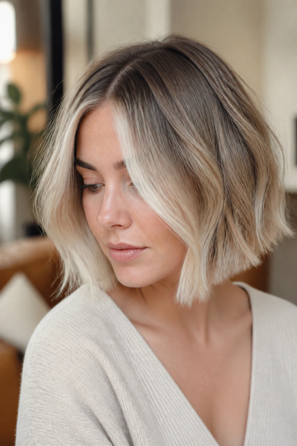 Close-up of a real woman with a short bob showing a soft root smudge blending into brighter ends at the front