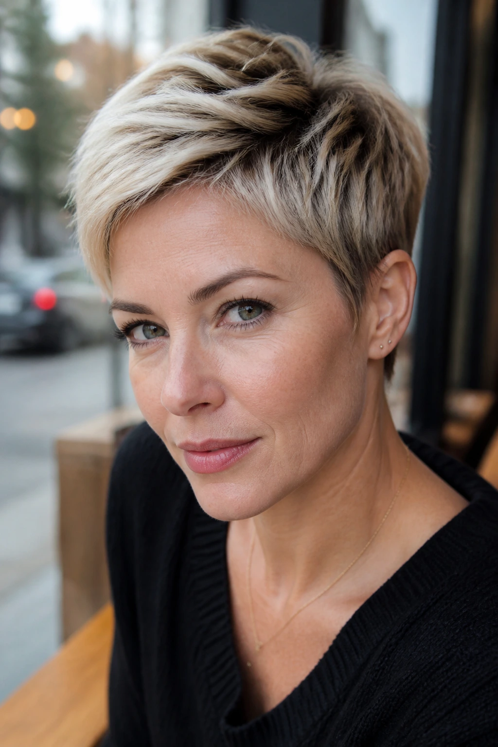 Close-up of a real woman with a pixie cut and root-smudged blonde