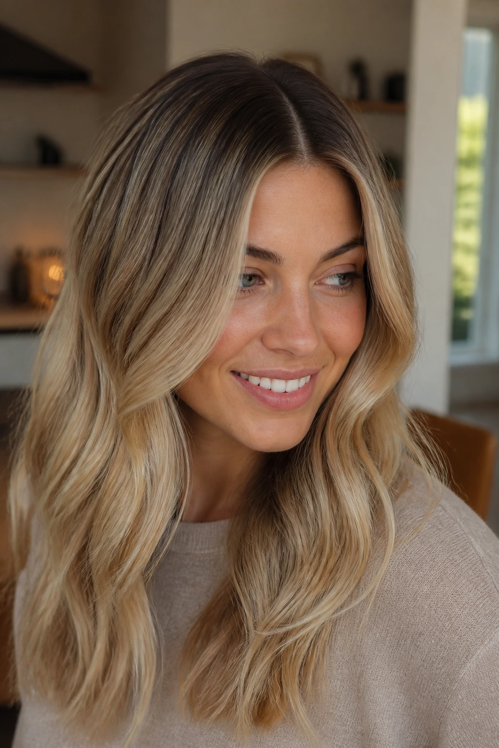 Portrait of a woman with root-tapped harvest blonde hair.