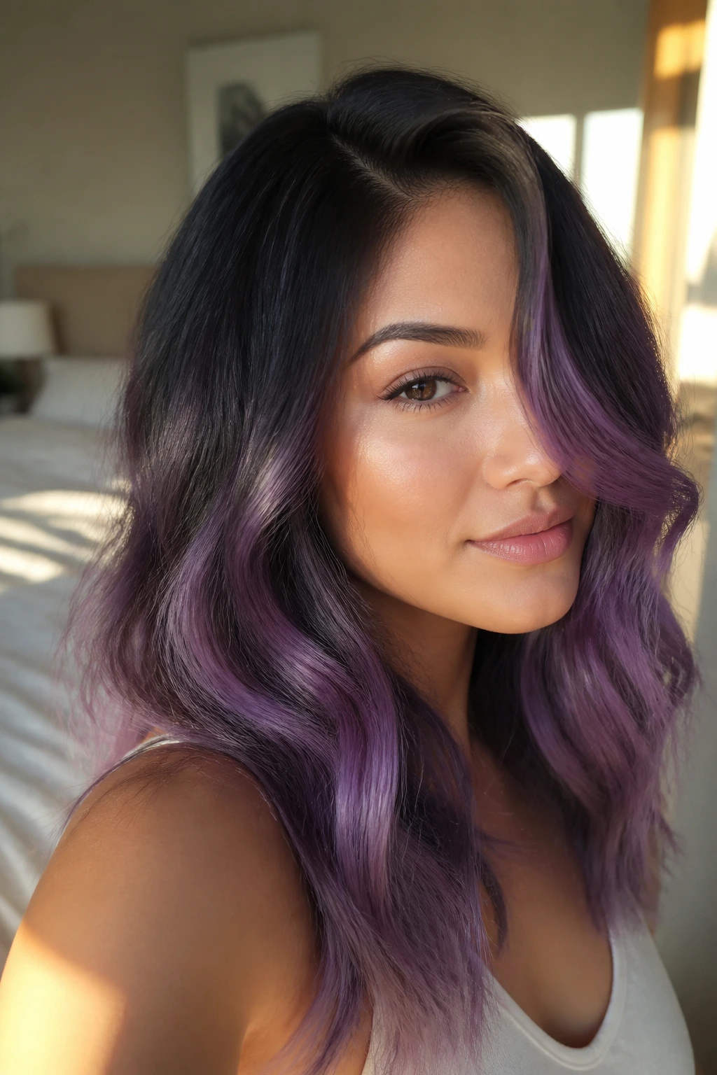 Close-up portrait of a woman with rooted amethyst melt hair