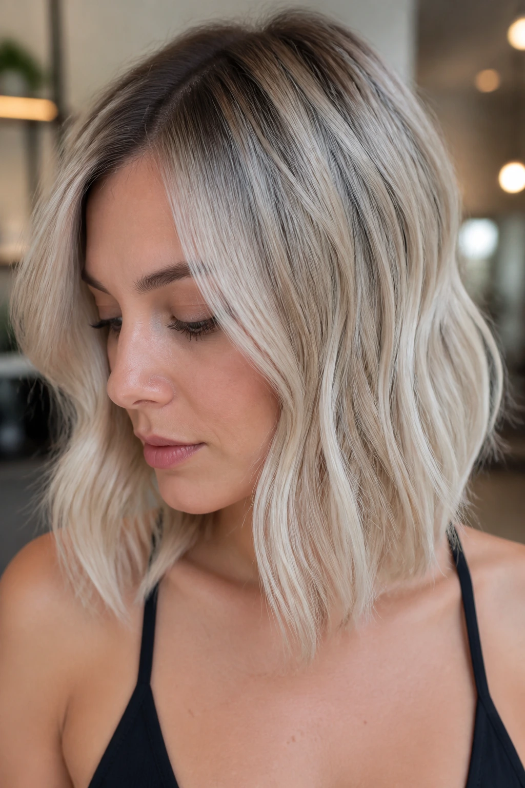 Portrait of a person with rooted Arctic blonde lob and visible root shadow