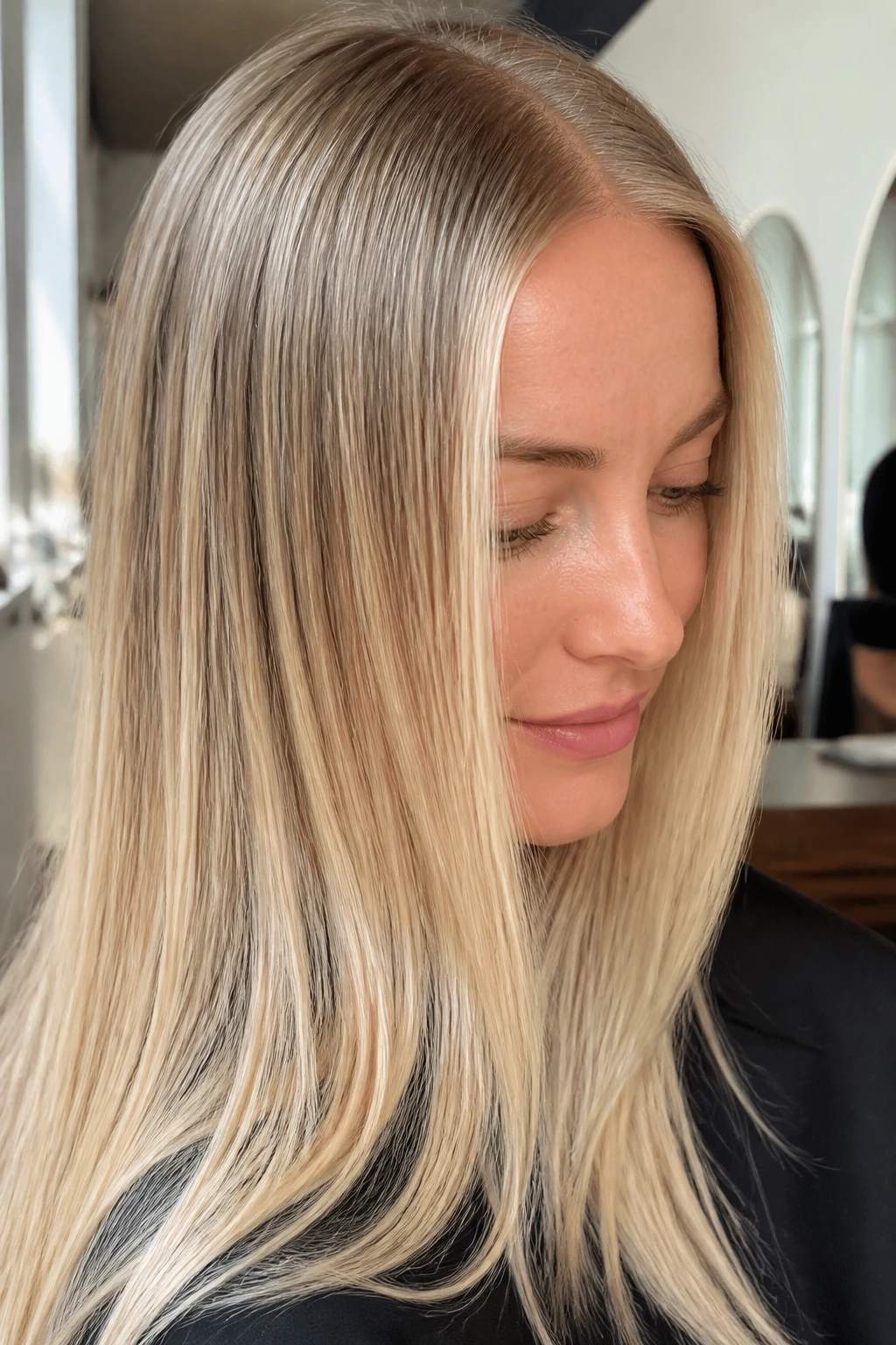 Close-up of rooted baby-light blonde on a real person with tiny highlights and soft root