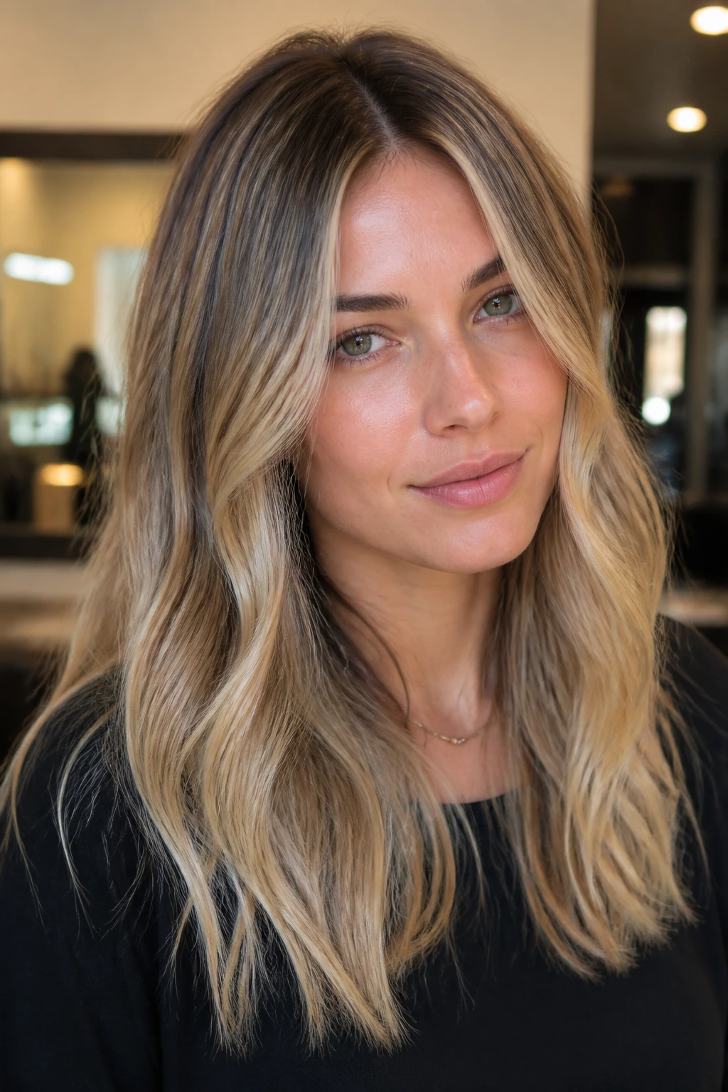 Close-up of a real person with rooted balayage blonde.