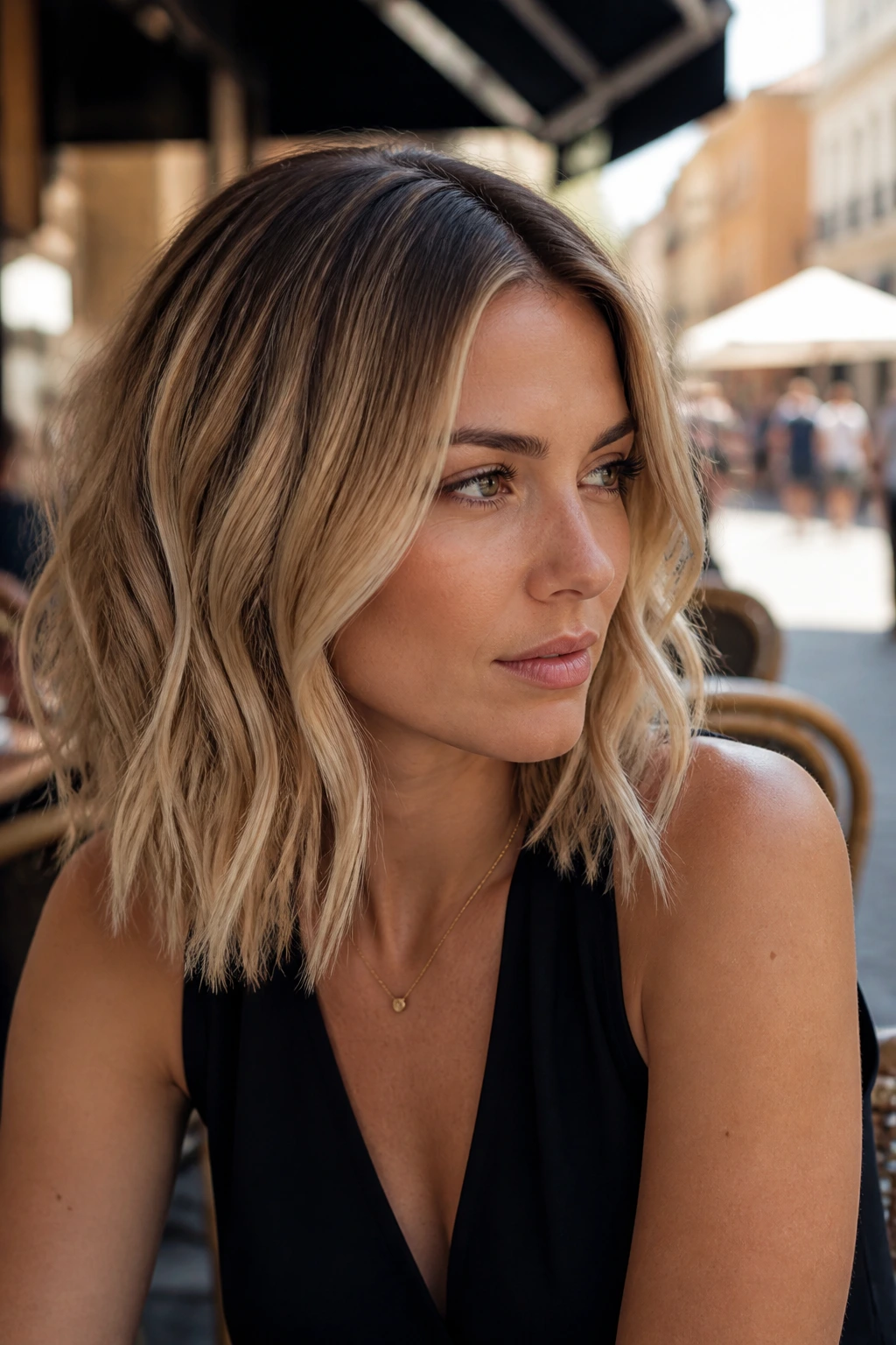 Portrait of a woman with rooted balayage lob in natural light