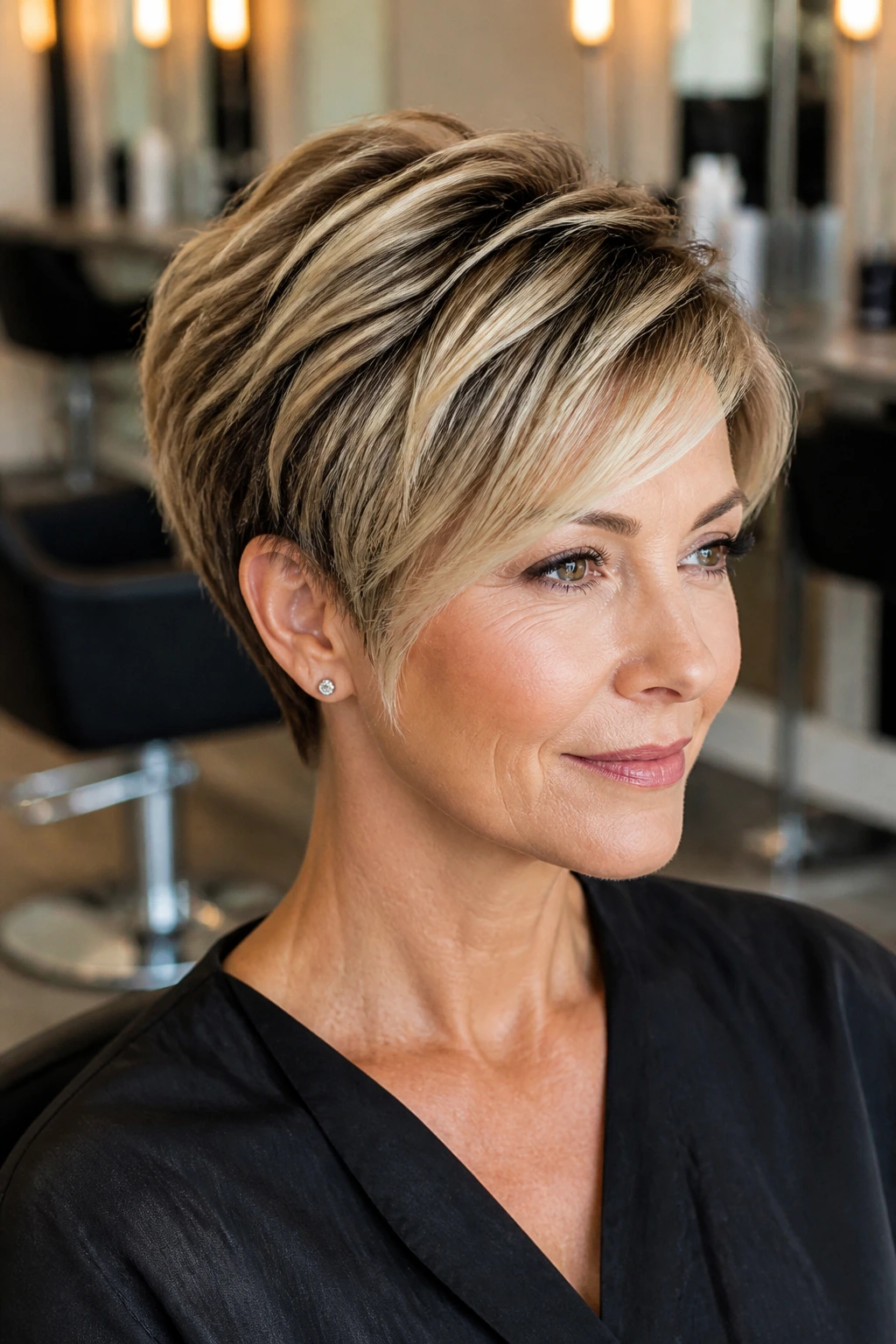 Real woman with rooted balayage pixie and bright crown highlights
