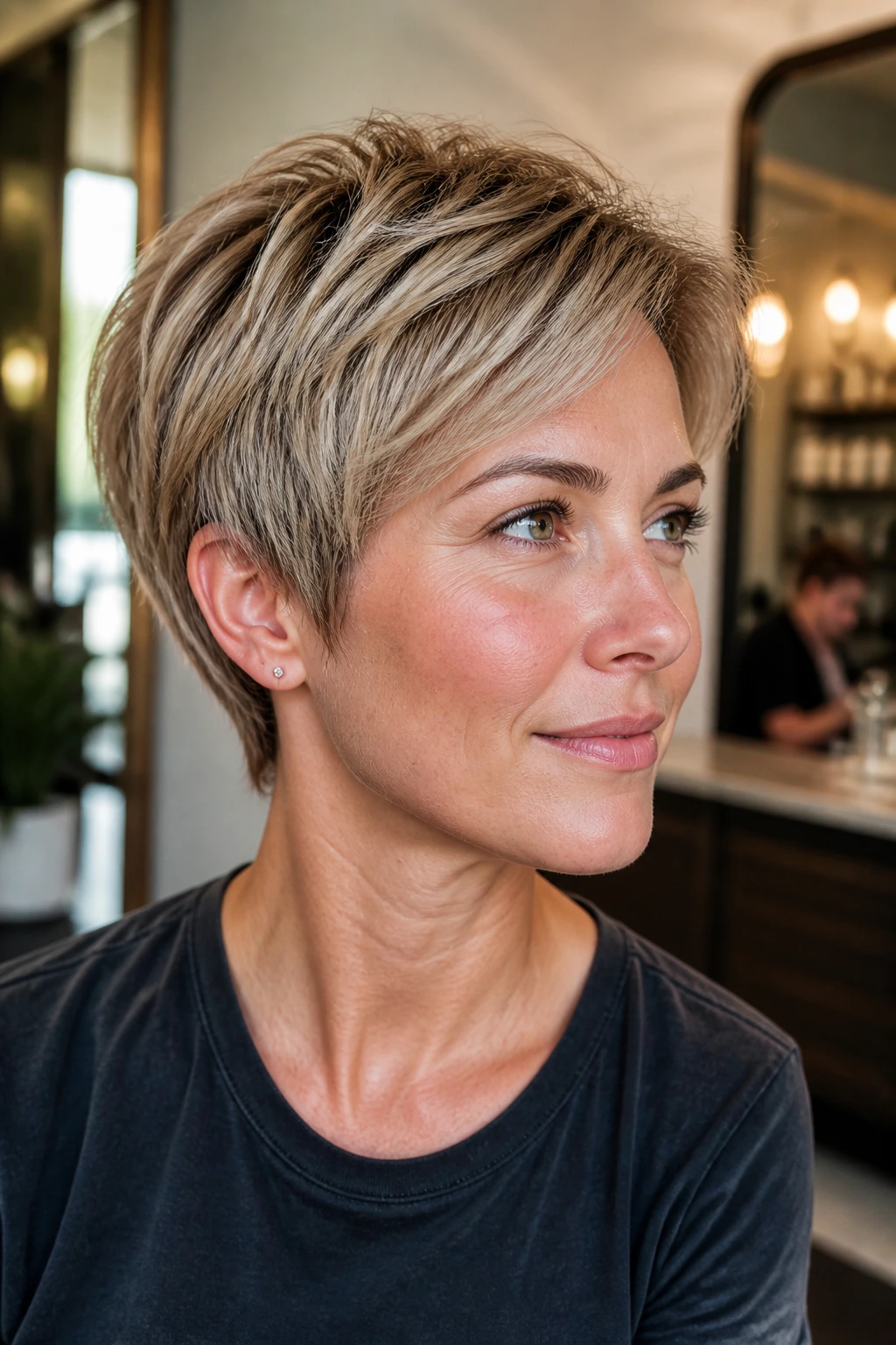 Real woman with rooted beige bixie featuring deeper root shadow and beige tones.