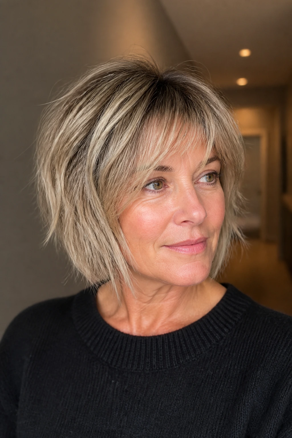 Real woman with rooted beige blonde bob and choppy layers in warm interior lighting