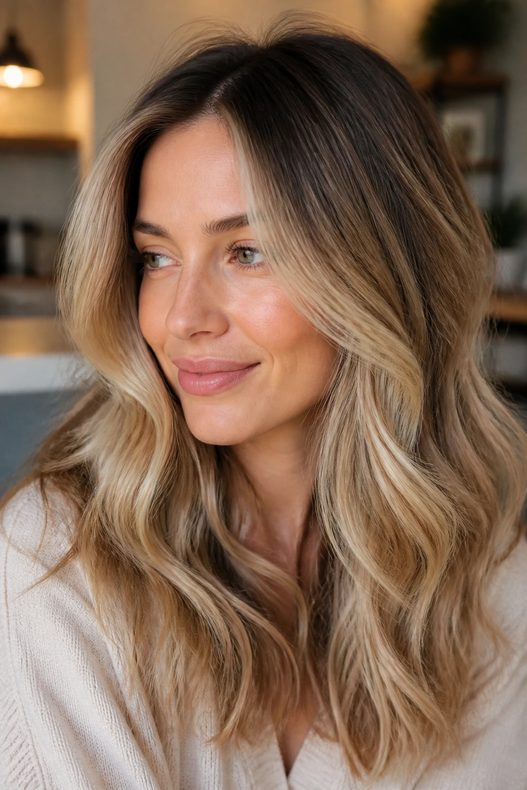 Close-up portrait of real person with rooted beige blonde hair and natural lighting