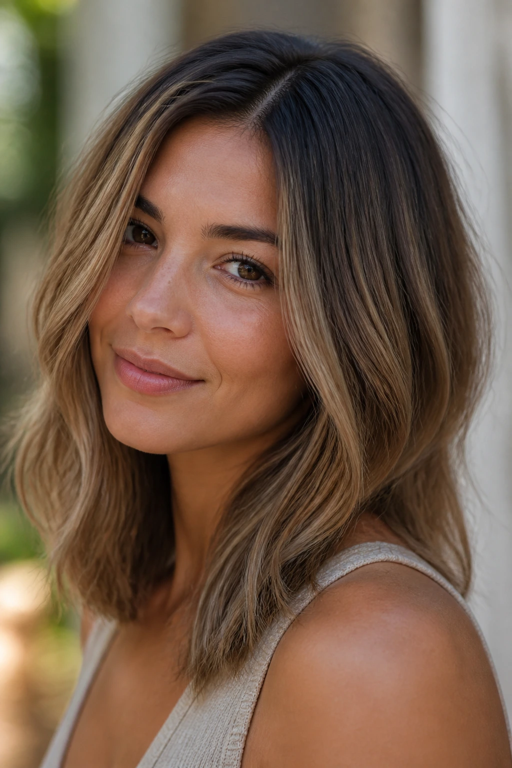 Close-up portrait of a real woman with rooted beige brunette and beige mids.