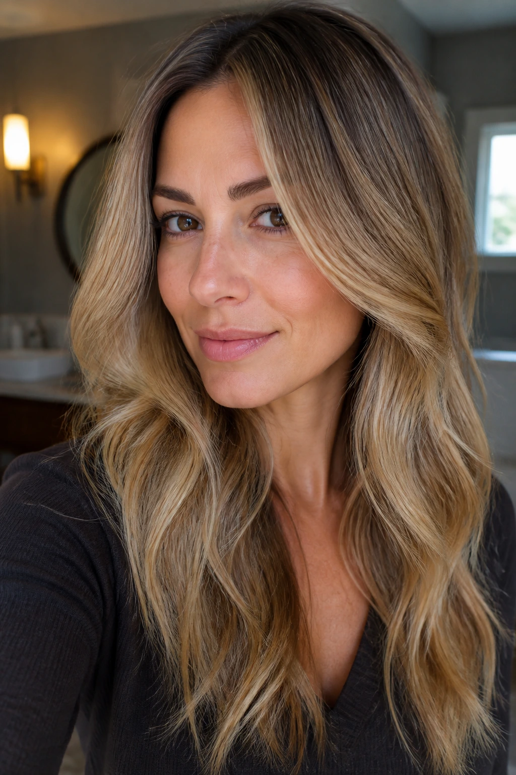 Close-up of a real woman with rooted blonde balayage and melt for low maintenance.