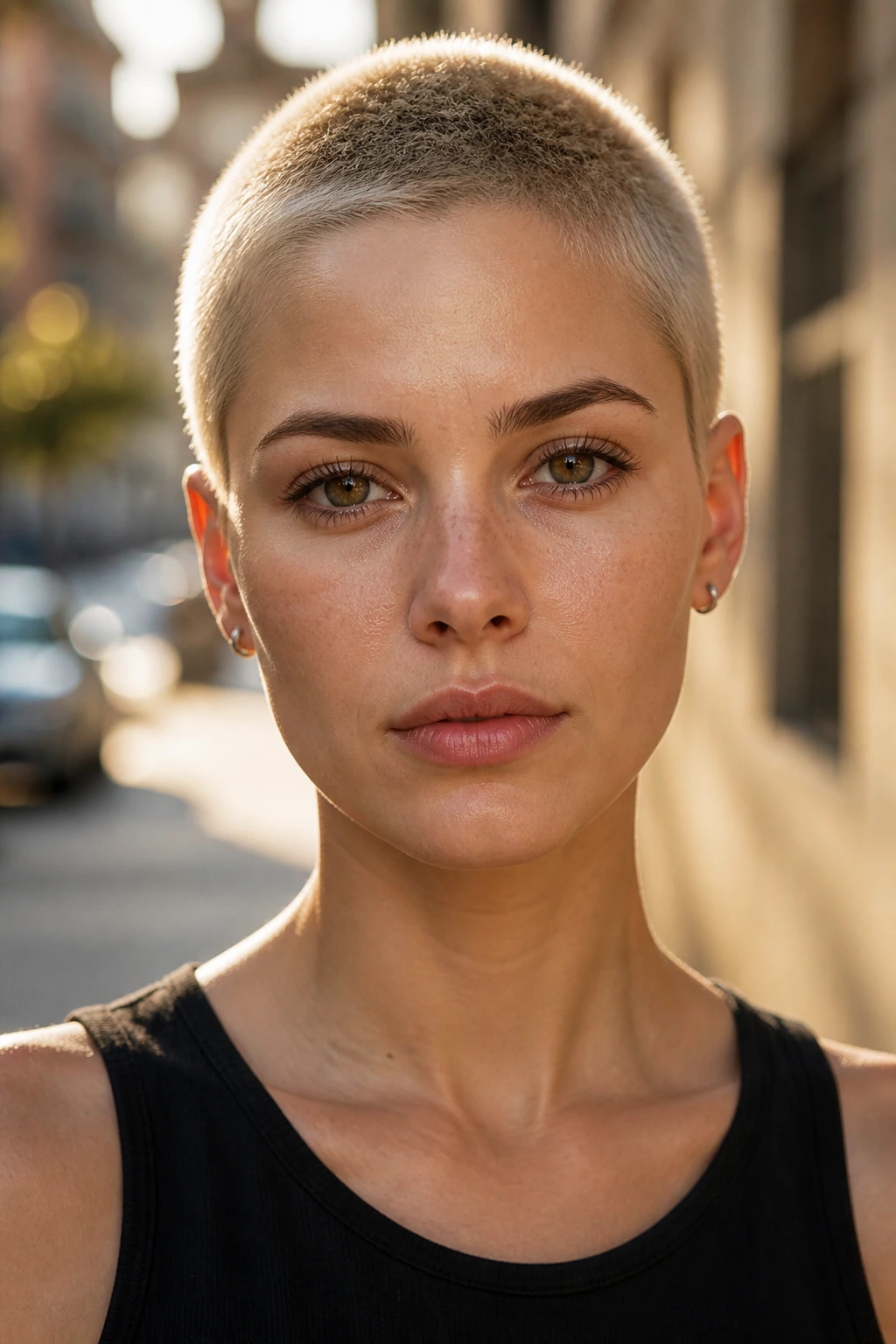 Close-up of a real person with rooted blonde buzz cut showing darker roots at the base