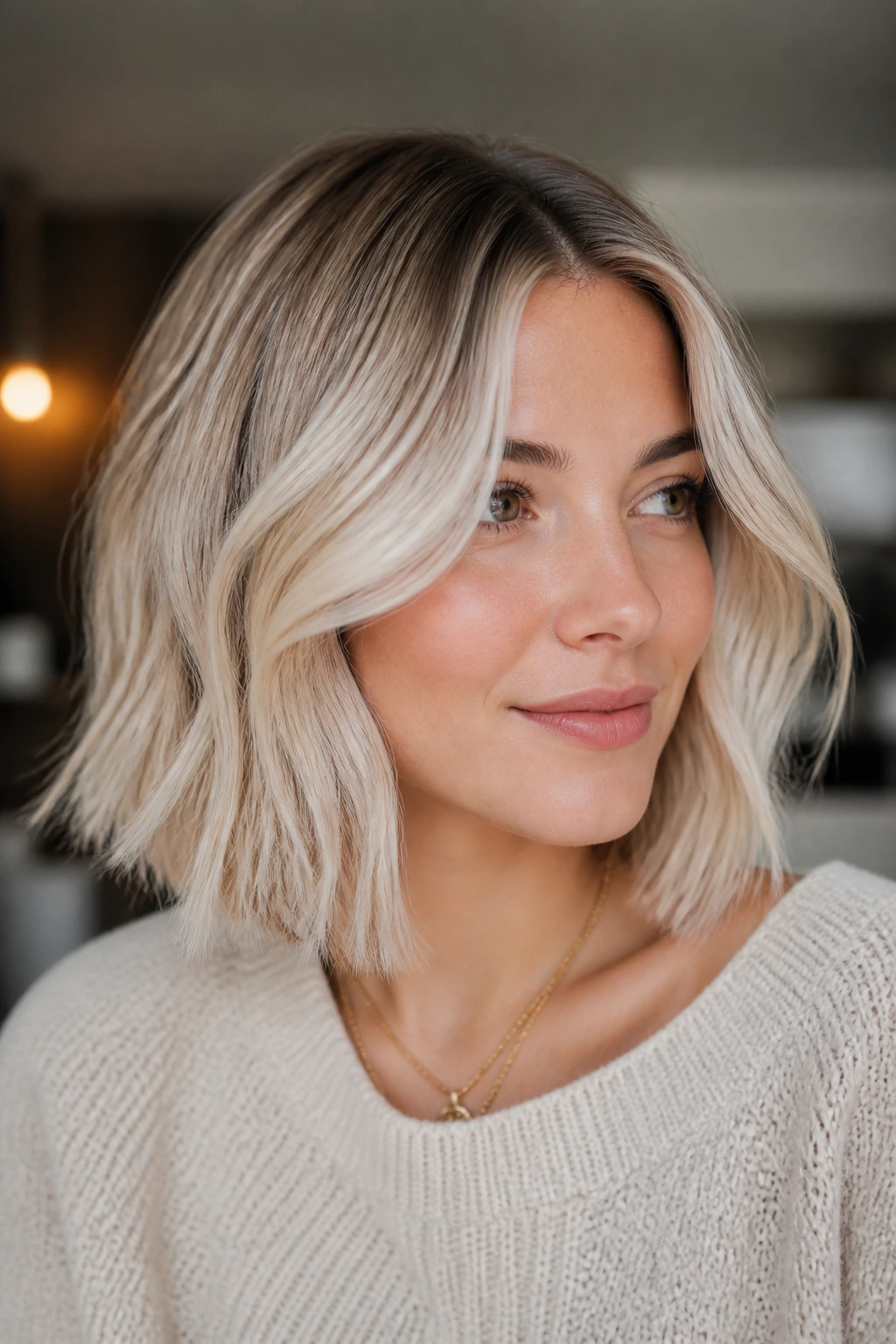 Close-up of a real woman with rooted cream blonde lob and deeper roots.