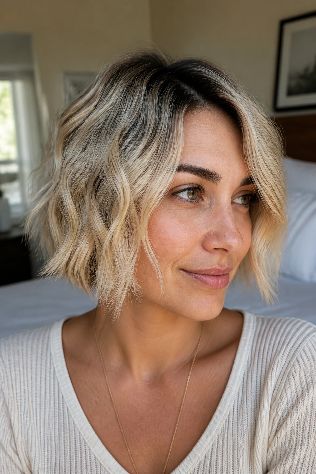 Close-up of a real woman with short wavy blonde hair and dark roots