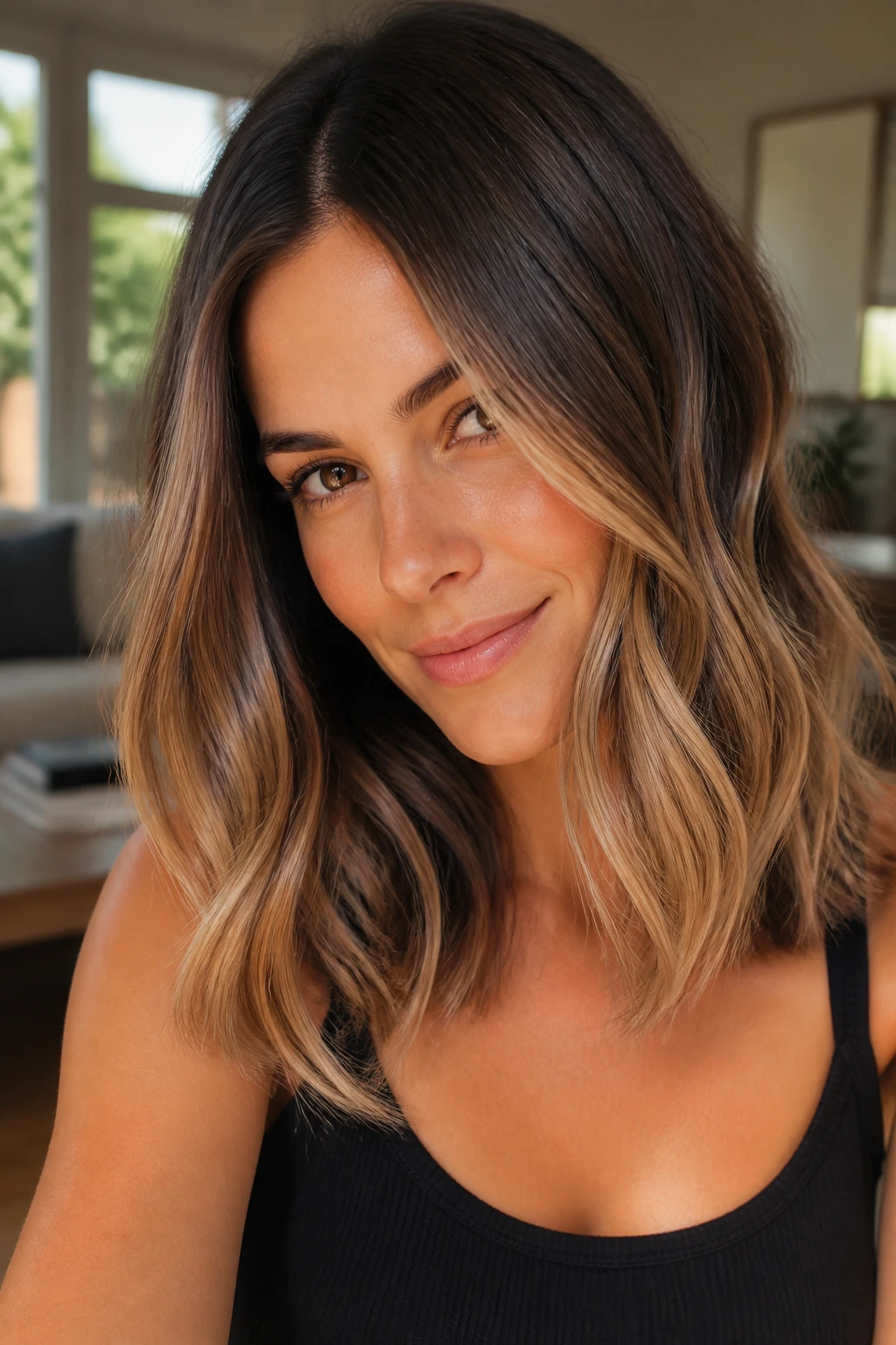Close-up of a real woman with rooted bronde and soft ends in warm window light