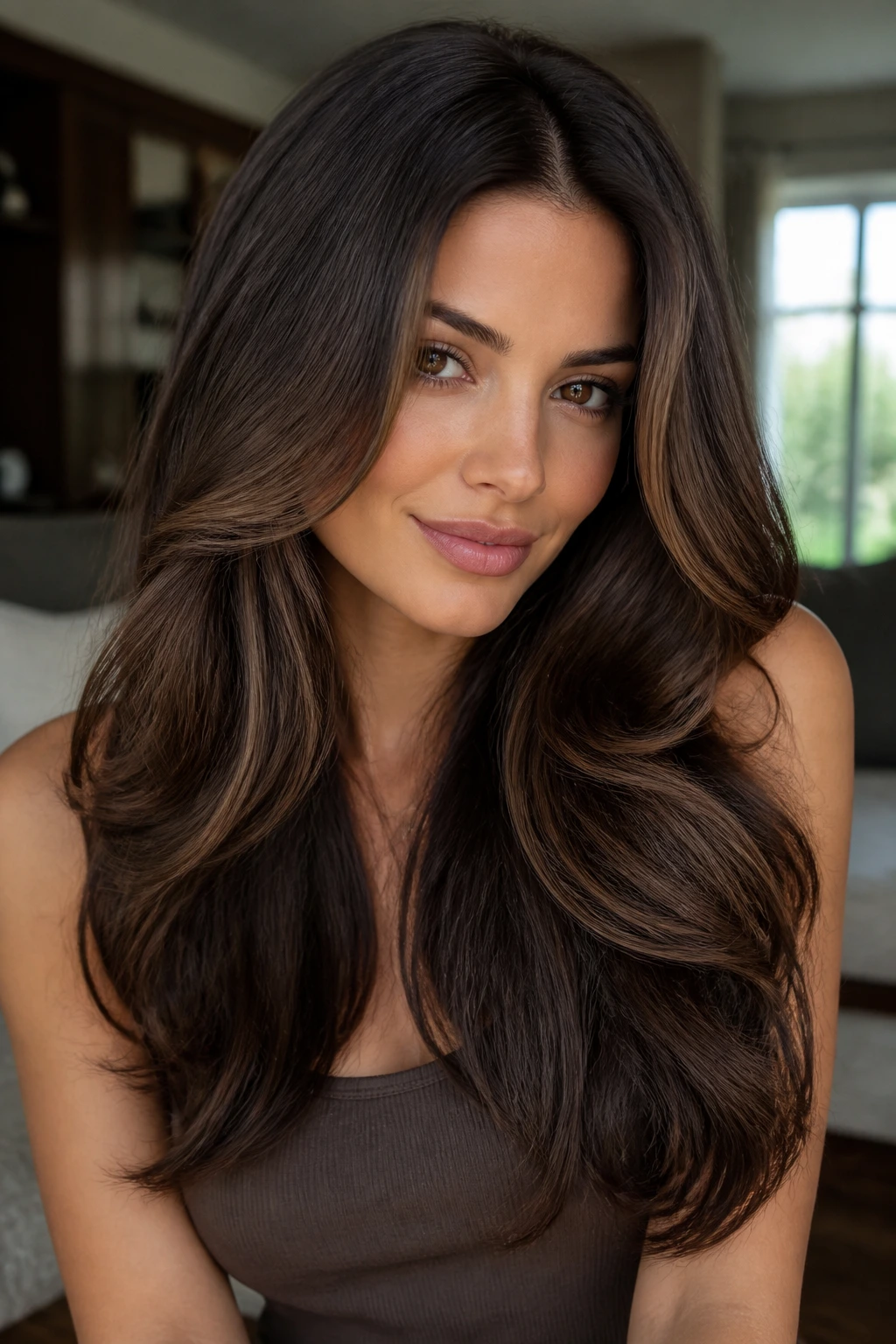 Close-up of a real woman with deep-rooted brunette color and curved layers framing the face.