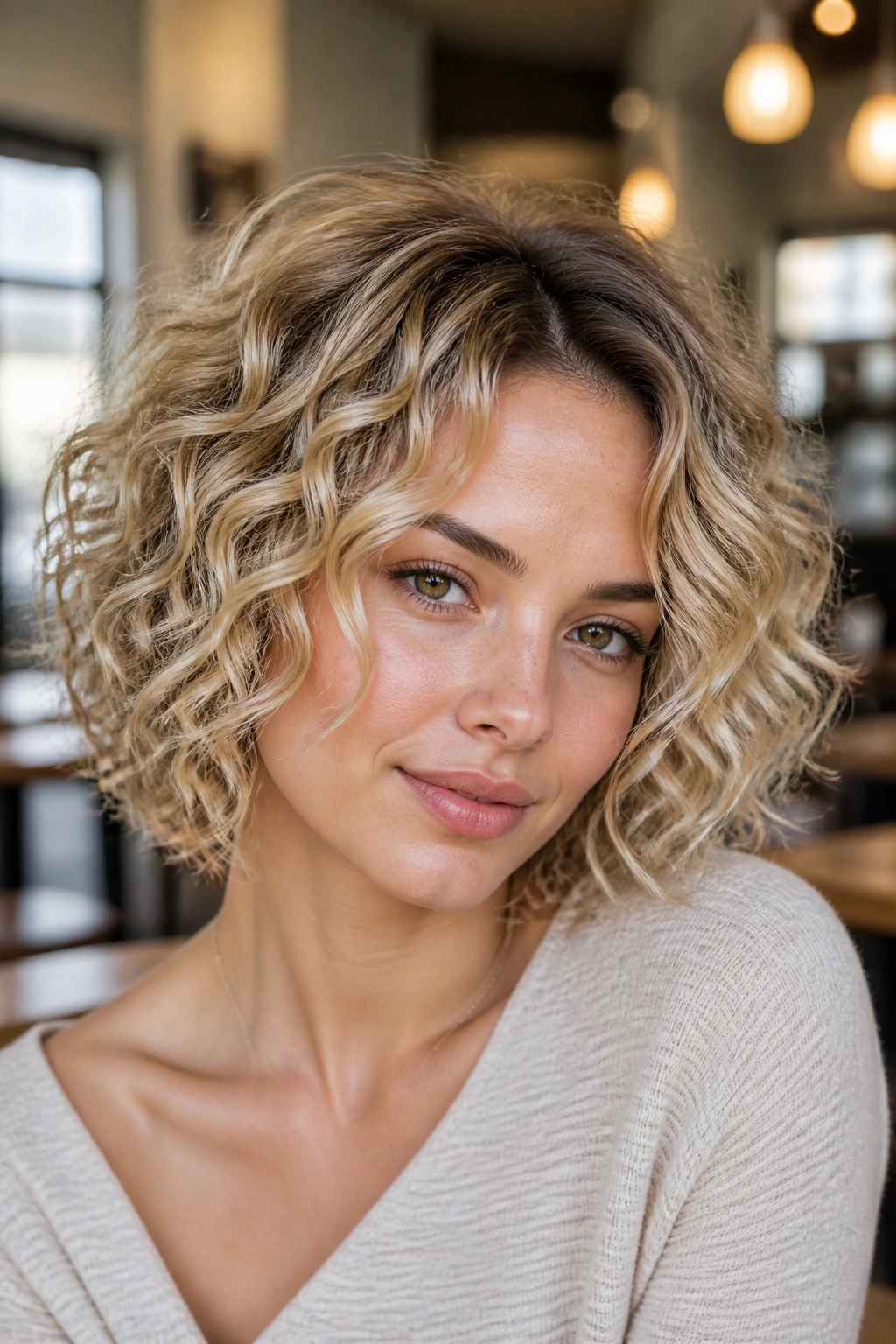 Close-up of a rooted butter blonde bob on a real person