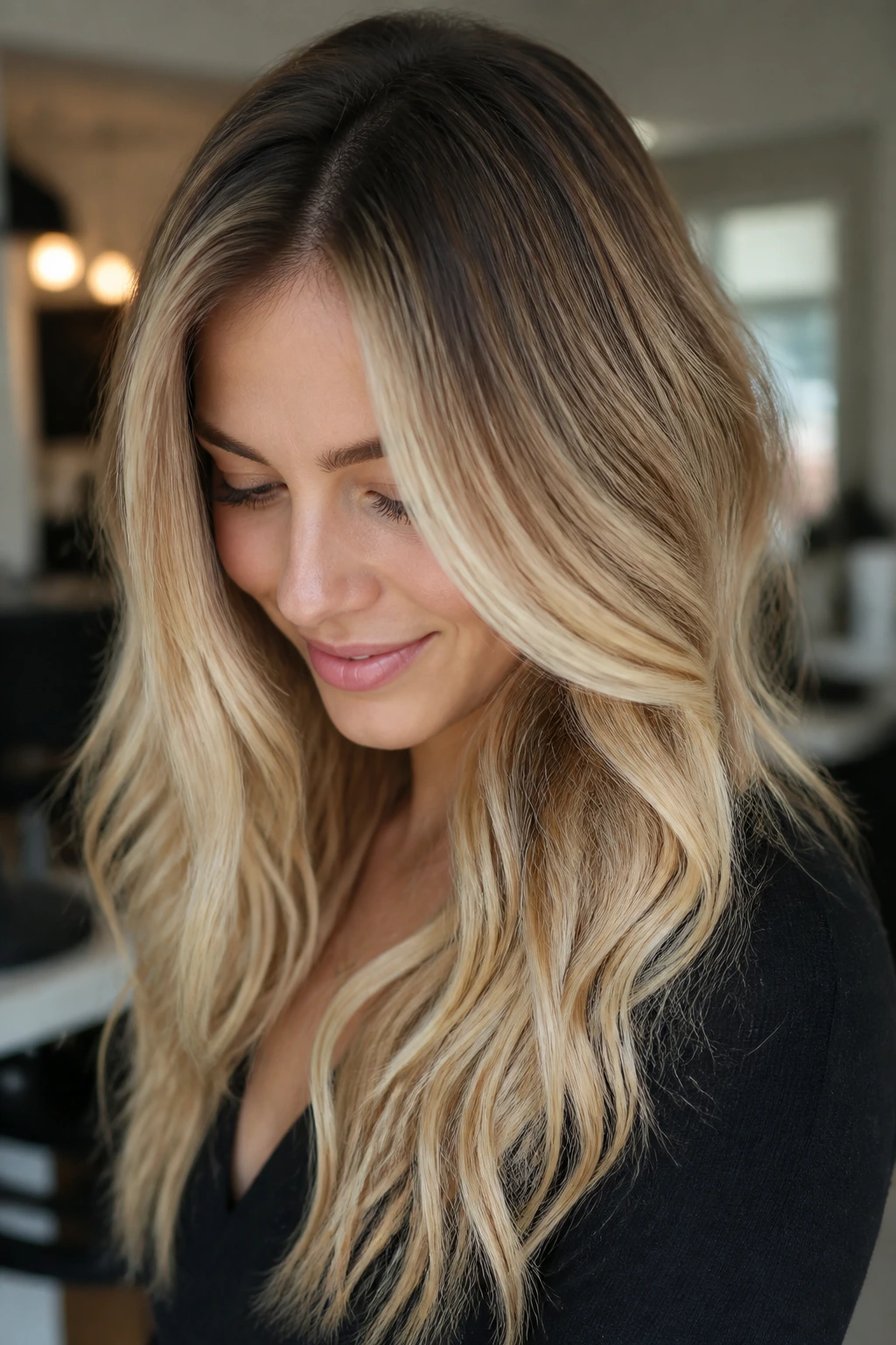 Close-up portrait of a real woman with rooted butter blonde hair