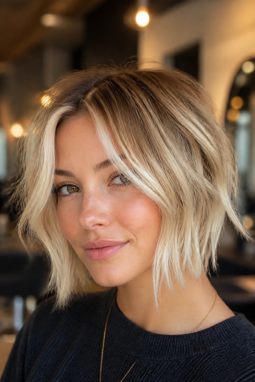 Close-up of choppy blonde bob with rooted buttercream frame