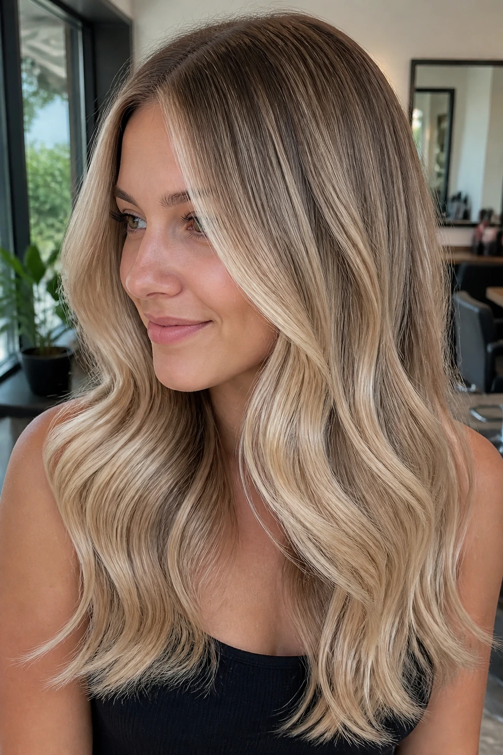 Close-up of a real woman with rooted champagne blonde hair and glossy cool-beige tones