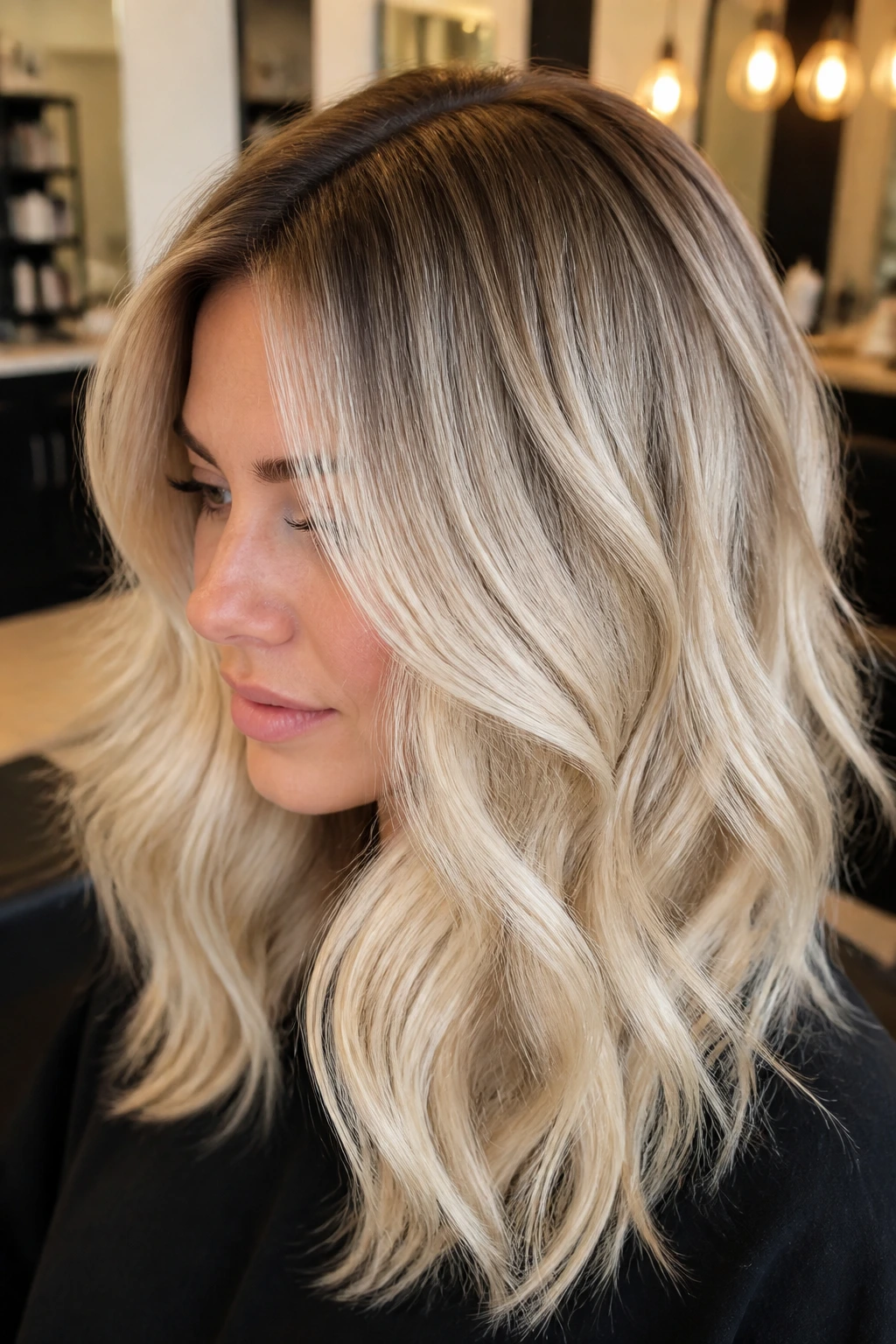 Close-up of a real woman with rooted champagne blonde and shadow melt.