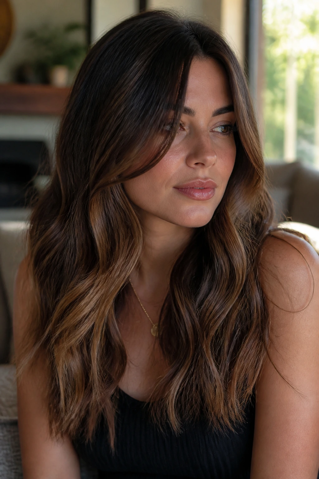 Close-up of a real woman with rooted cocoa melt brunette: deep roots and lighter ends