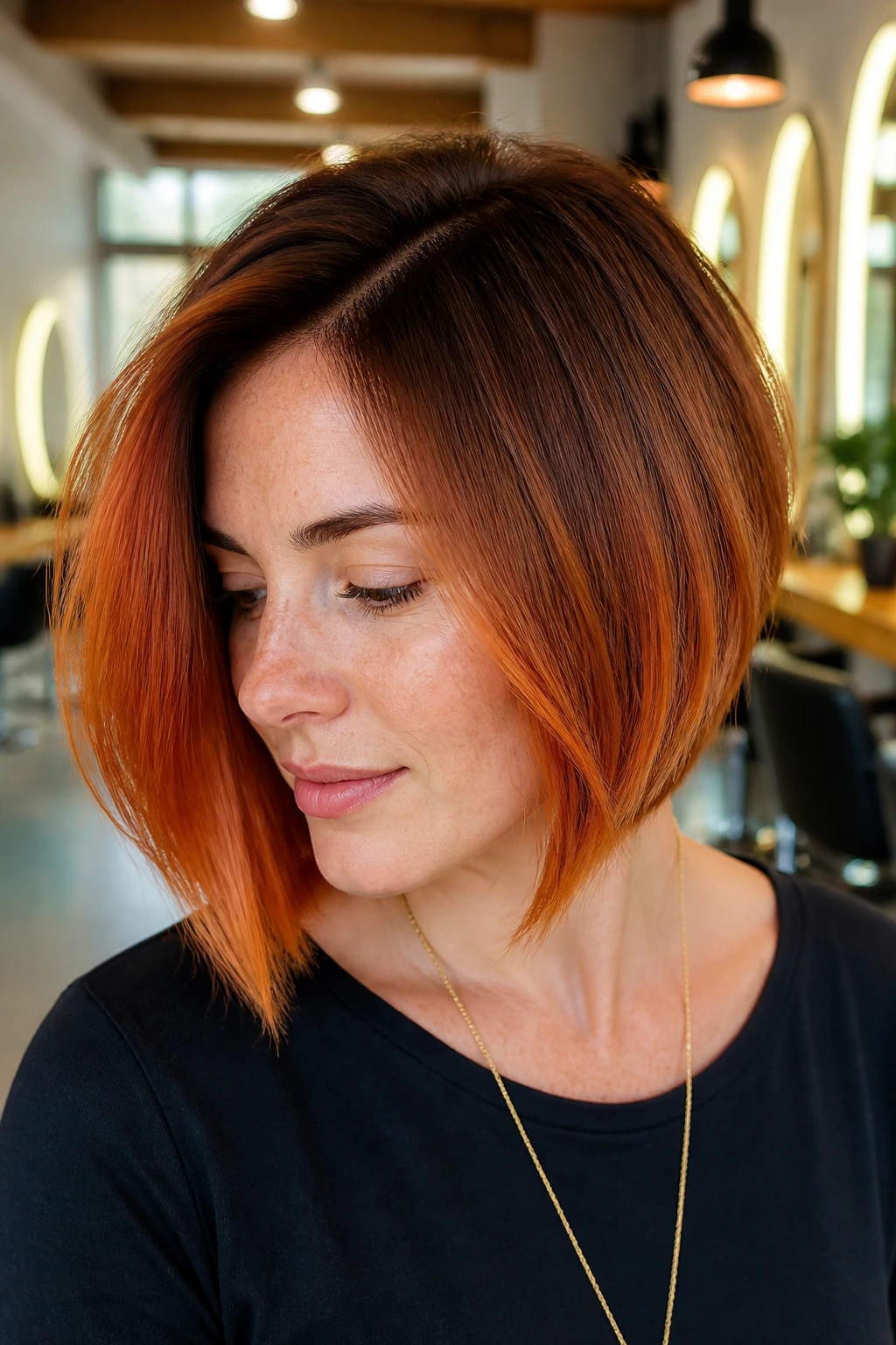 Close-up portrait of a real woman with rooted sunset copper gradient in a bob, from dark roots to bright copper.