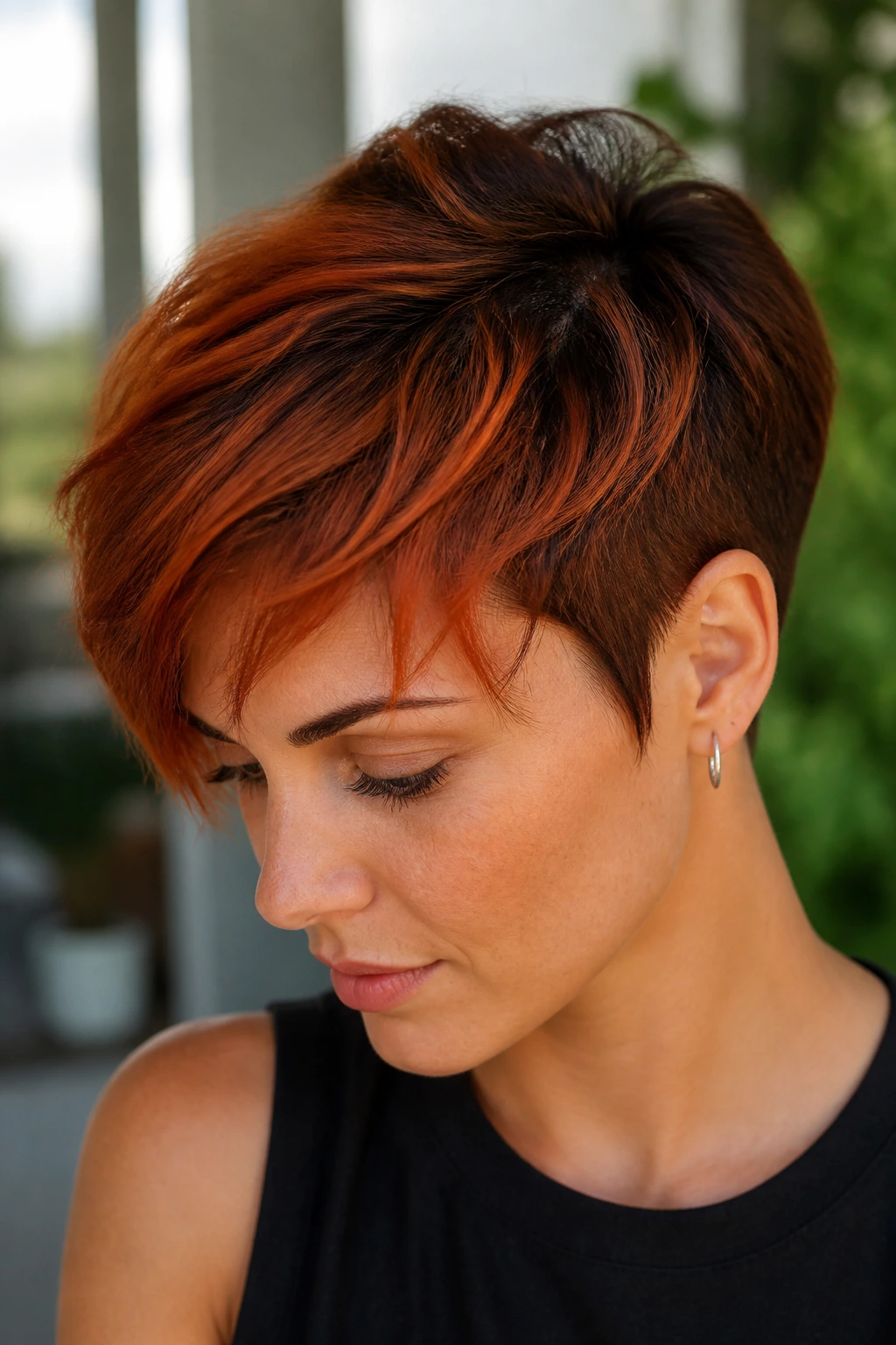 Person with rooted copper melt short hair showing color variation