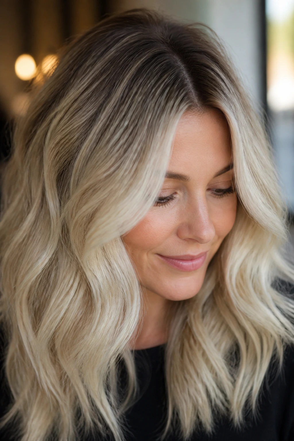 Close-up of rooted cream blonde with dark roots fading to pale ends on a real woman.
