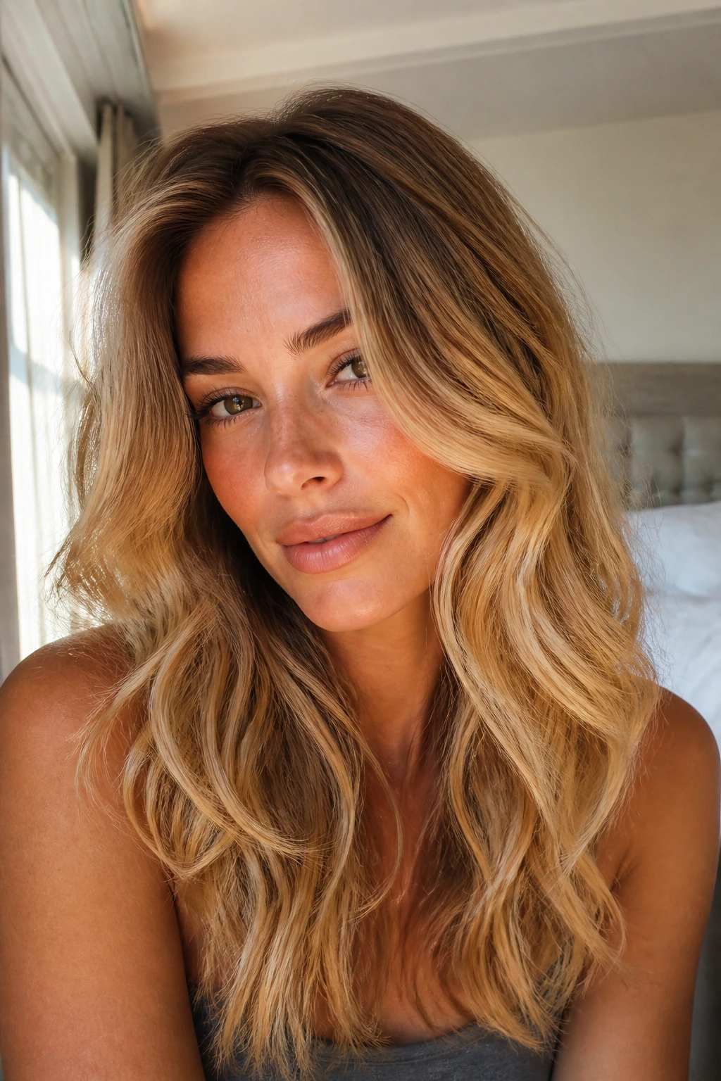 Real-woman portrait with dark roots and warm gold blonde ends