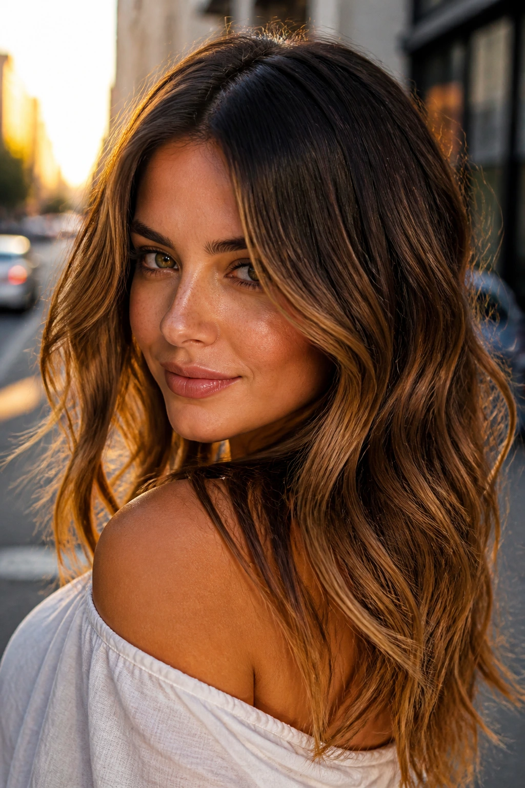 Close-up of a real woman with rooted honey brunette long waves catching golden hour sunlight.