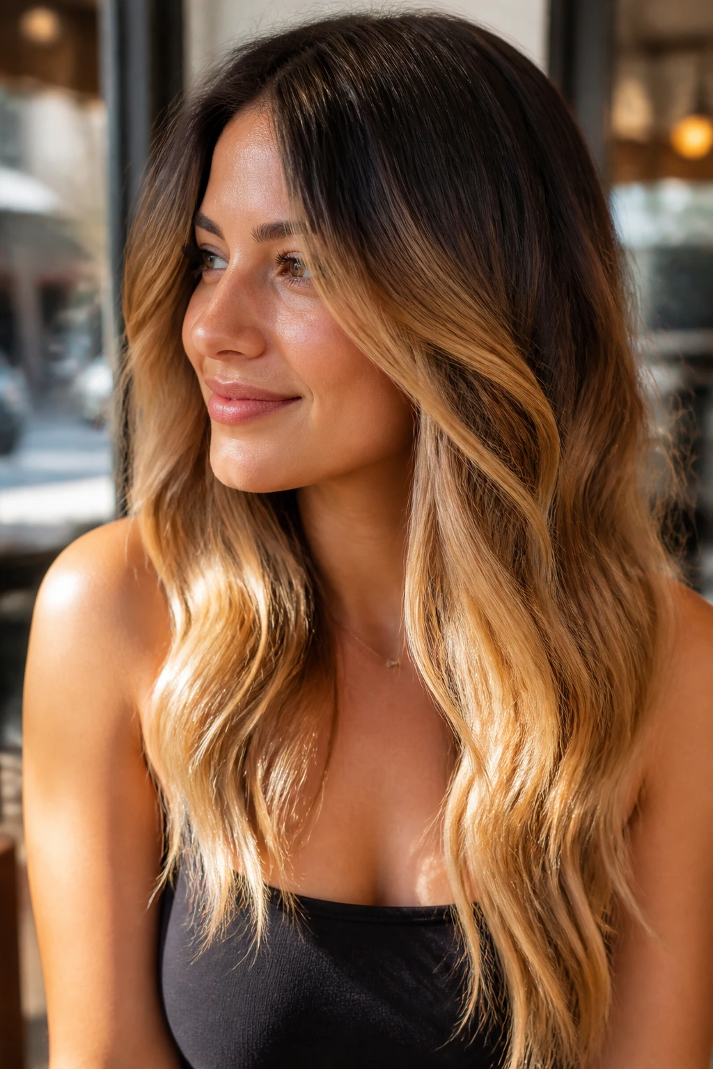 Close-up of a real person with rooted honey ombré hair color