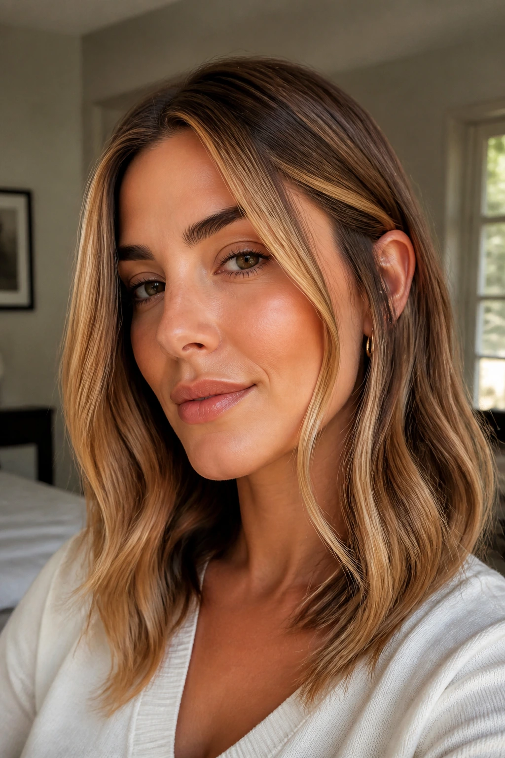 Close-up of rooted honey ombre with face-framing highlights