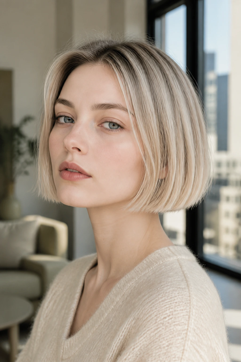 Close-up of rooted micro bob on a real woman with jaw-length hair and soft root shadow