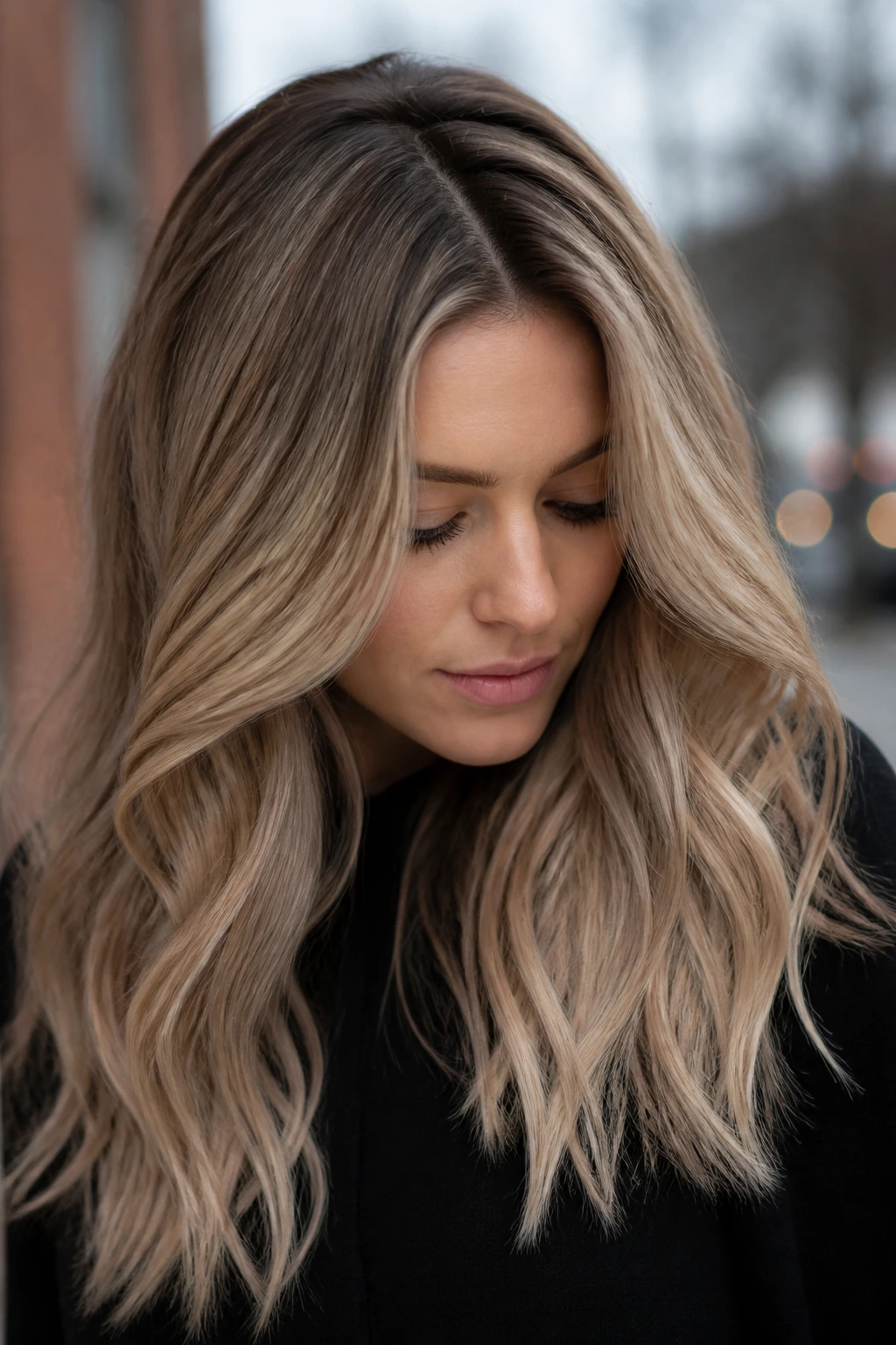 Close-up of a real person with mushroom blonde hair and darker roots in soft outdoor light