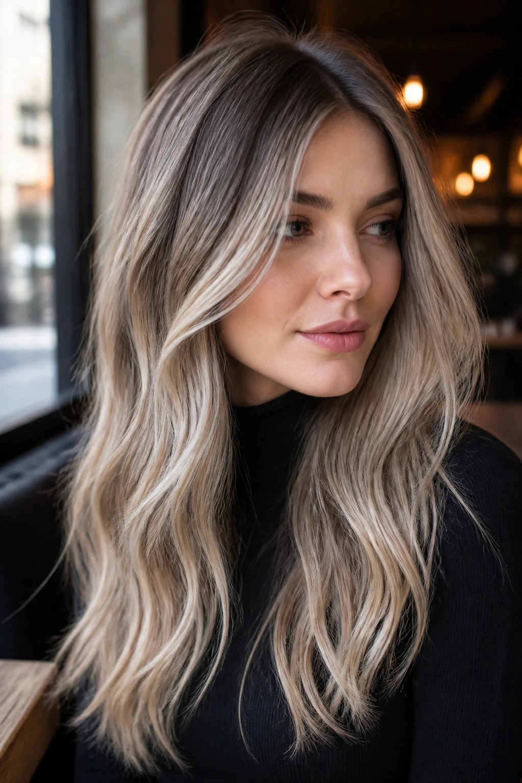Close-up portrait of a real woman with rooted mushroom blonde in a cafe