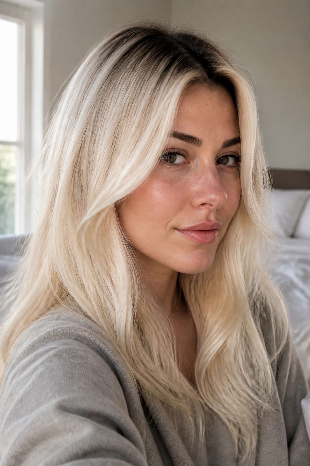 Portrait of a real woman with rooted platinum hair featuring a dark root fading into pale blonde in warm window light