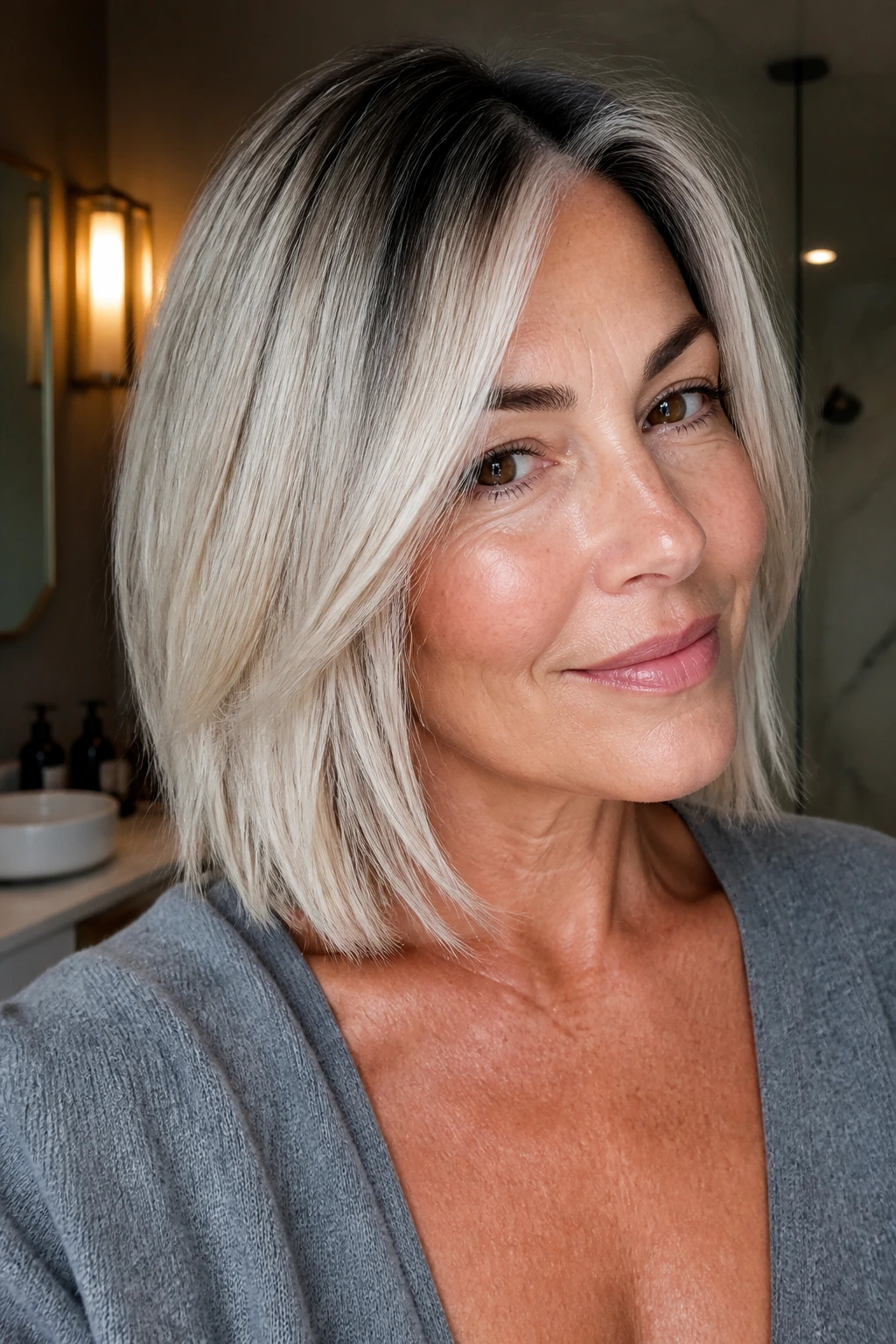 Close-up of an older woman with rooted platinum lob and shadow depth