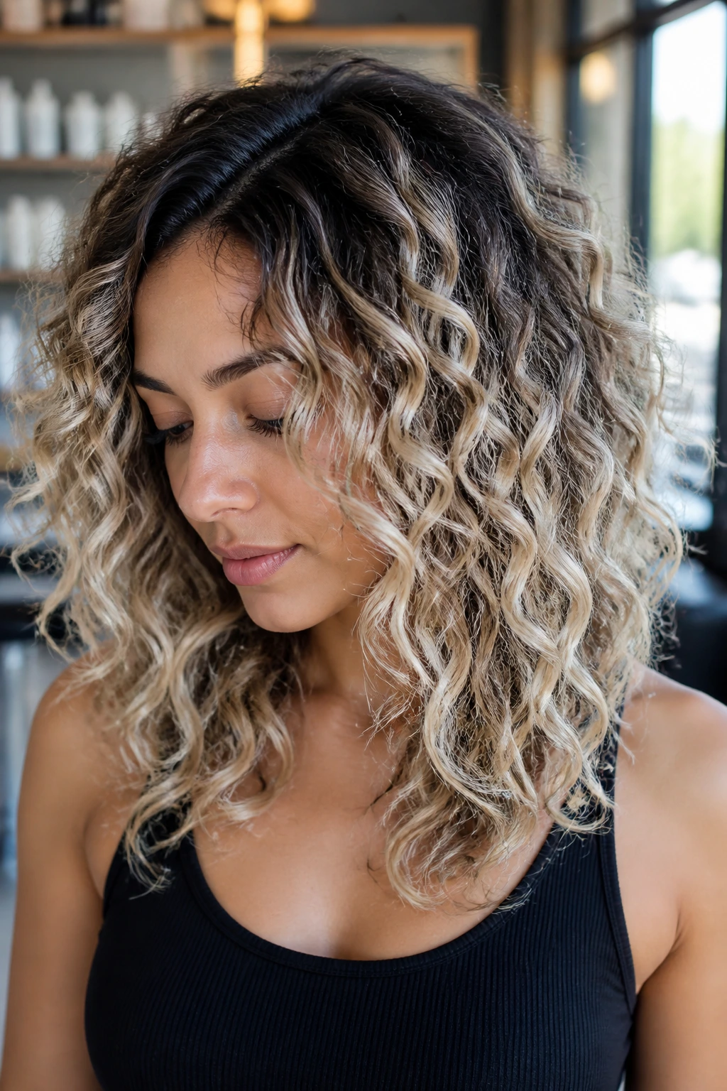 Close-up of curly hair with dark roots and pale platinum ribbons and a root shadow